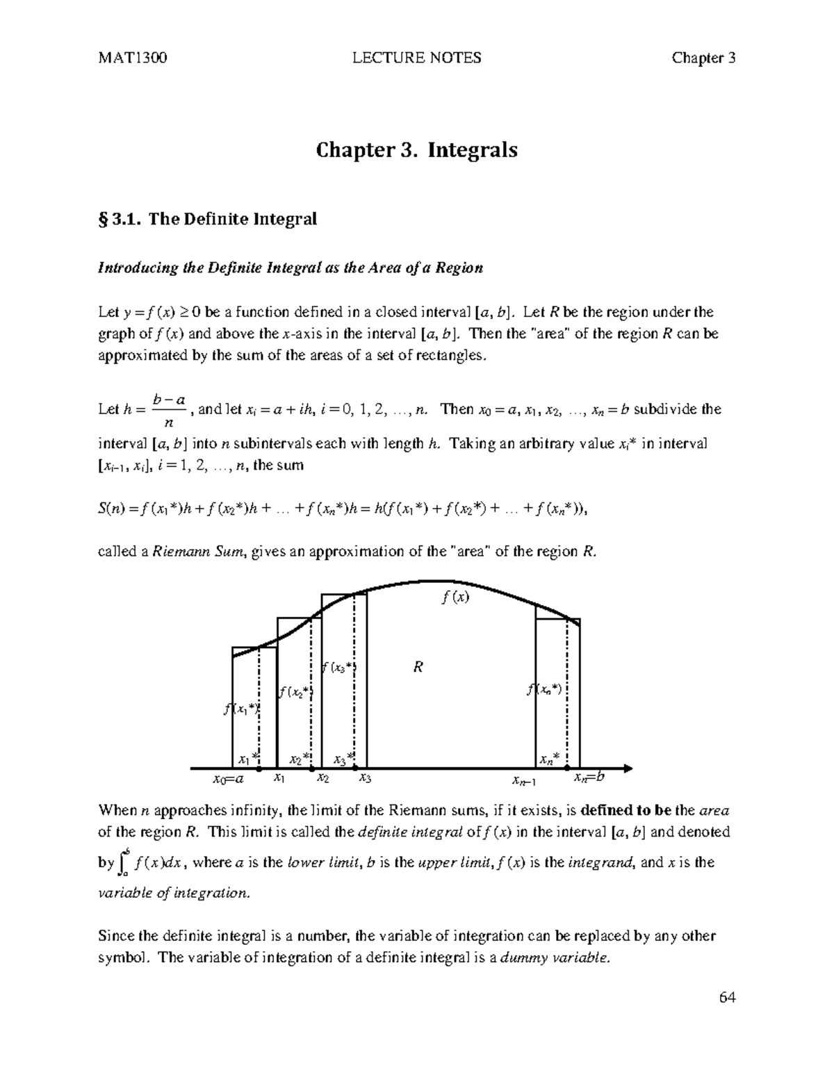 1300Chap3 - class notes - Chapter 3. Integrals § 3. The Definite ...