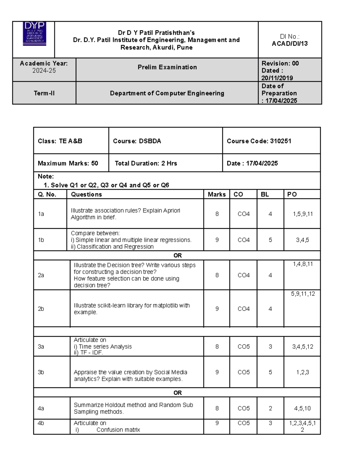 Prelim Exam Notes for DSBDA (310251) - TE Computer Engineering - Studocu