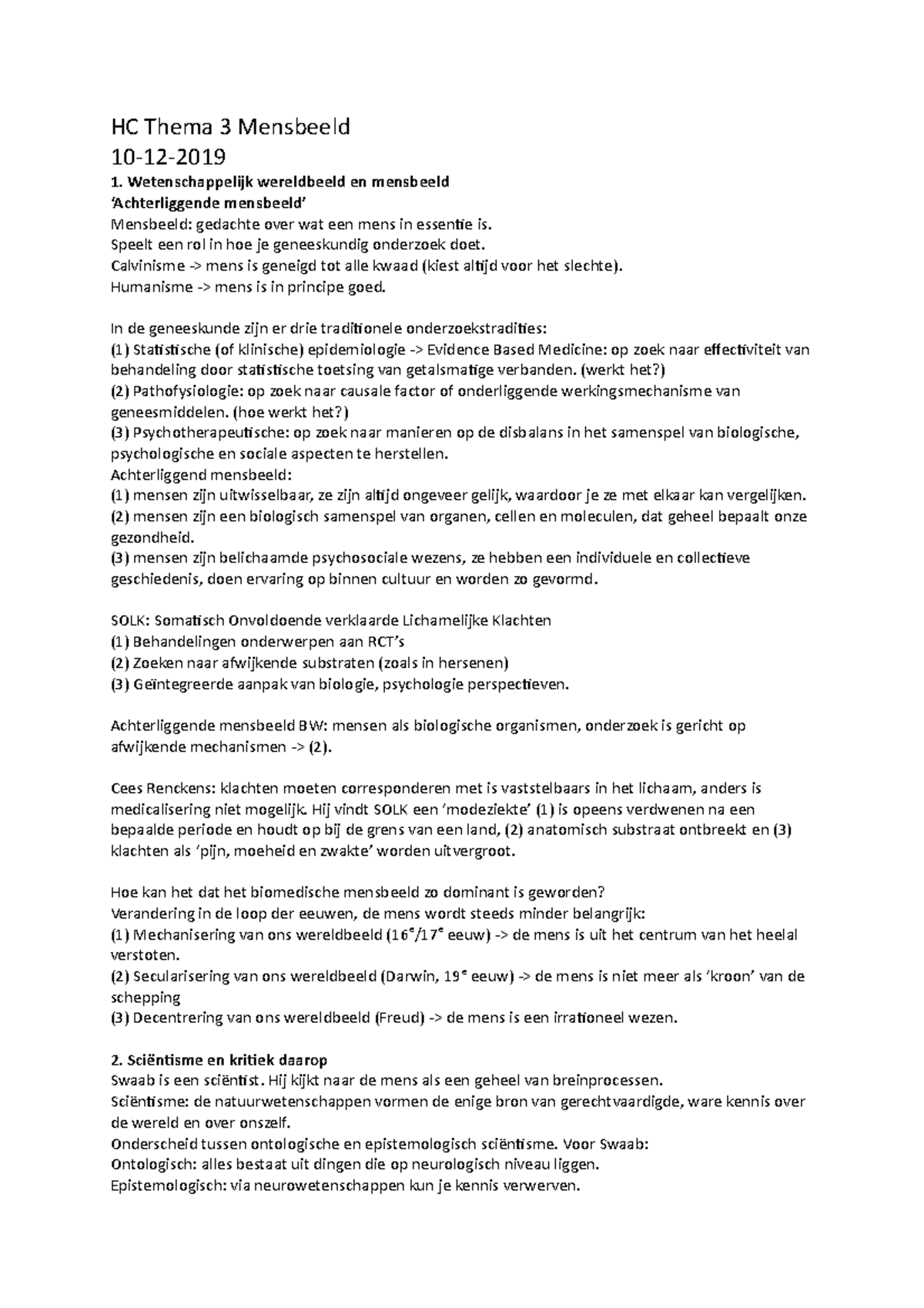 HC Thema 3: Mensbeeld en Wetenschappelijk Wereldbeeld in Geneeskunde ...