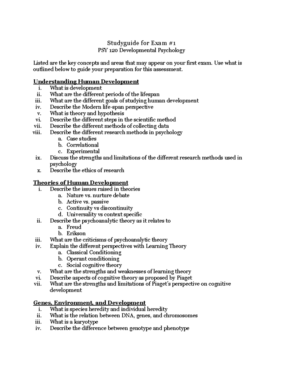 Study Guide for Exam PSY 120: Key Concepts in Developmental Psychology ...