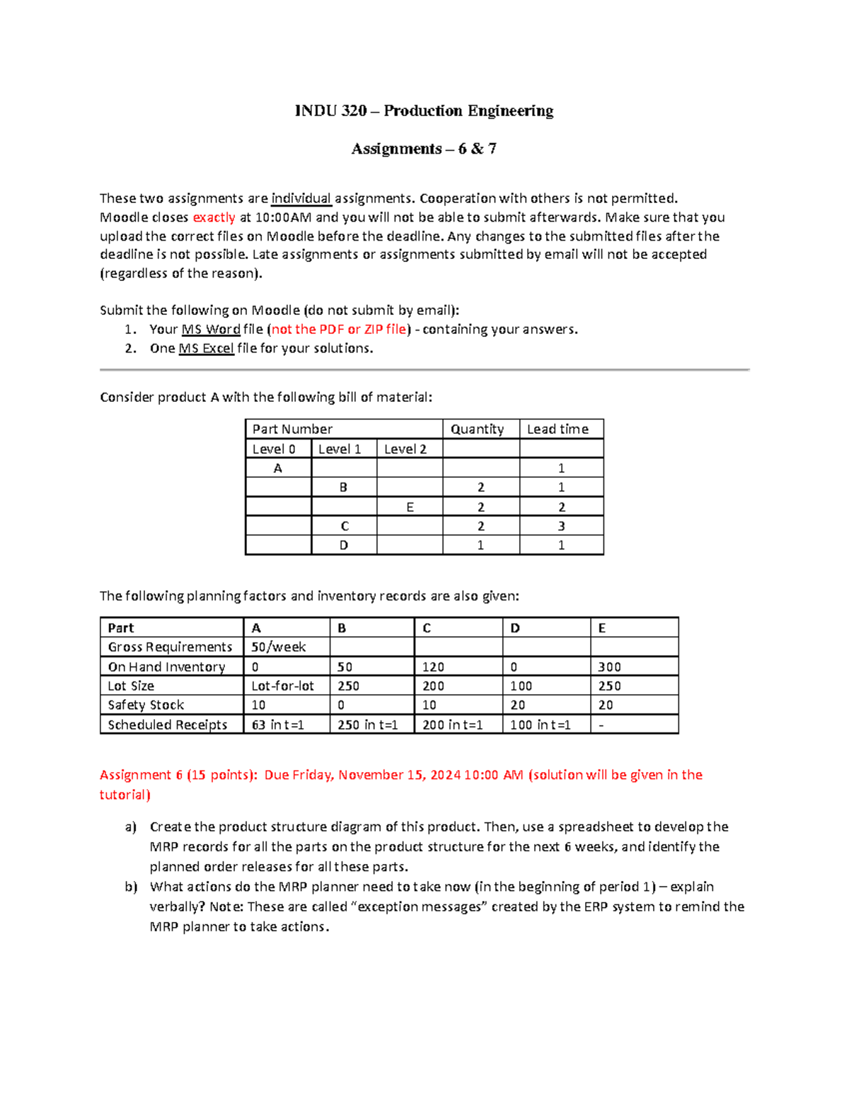 INDU 320 – Production Engineering Assignments 6 & 7 Instructions - Studocu