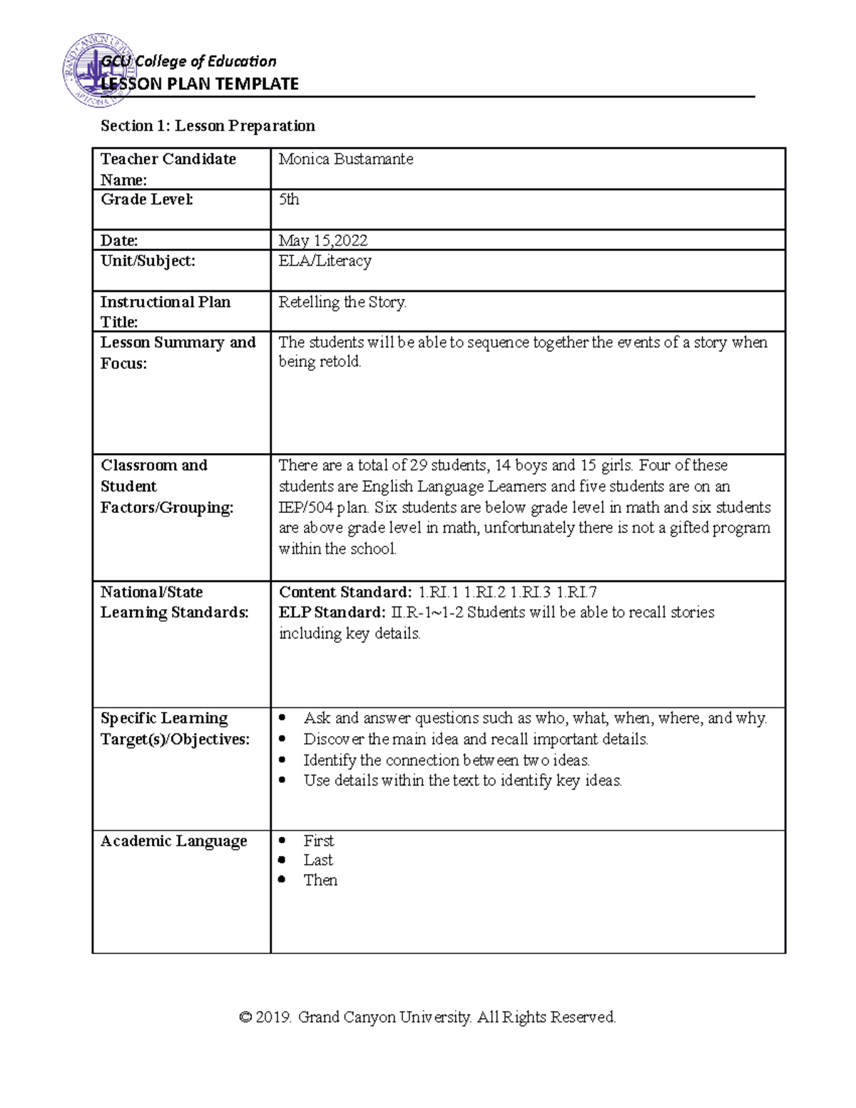 ESL 440 Lesson Plan: Sequencing Stories in ELA for 5th Grade - Studocu
