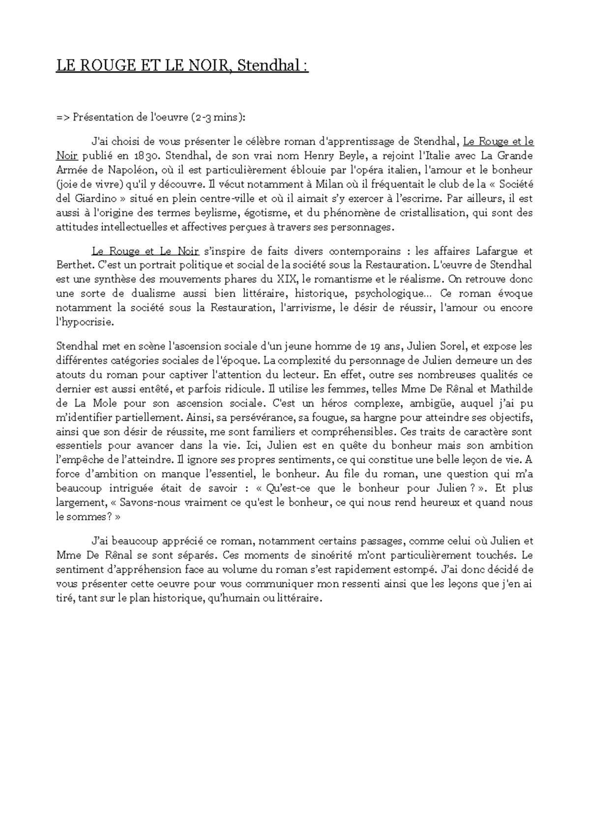 Texte 5 Le Rouge et le Noir chap 4 - TEXTE 5: Le Rouge et le Noir ...