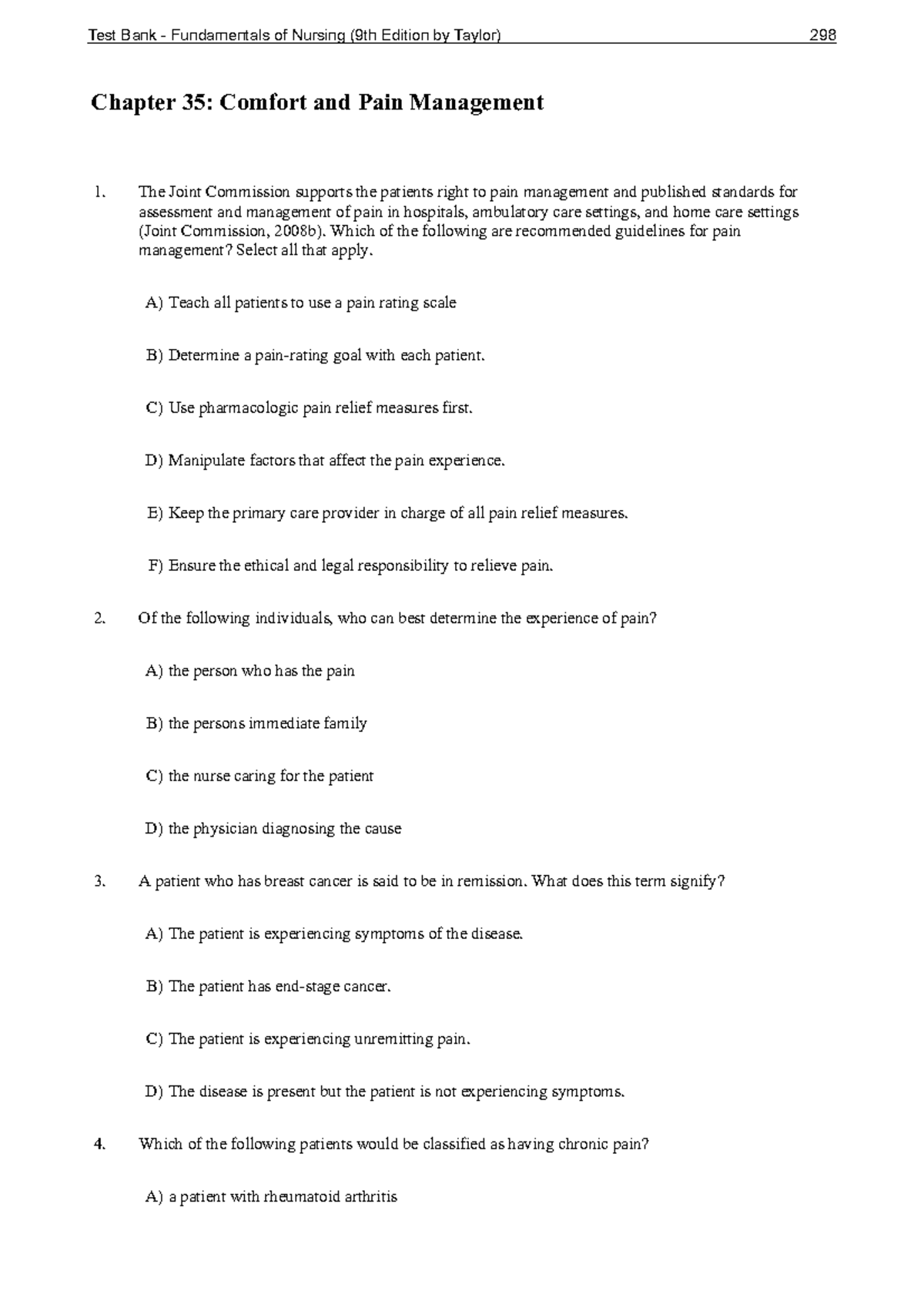 Fundamentals of Nursing Ch 35: Comfort & Pain Management Notes - Studocu