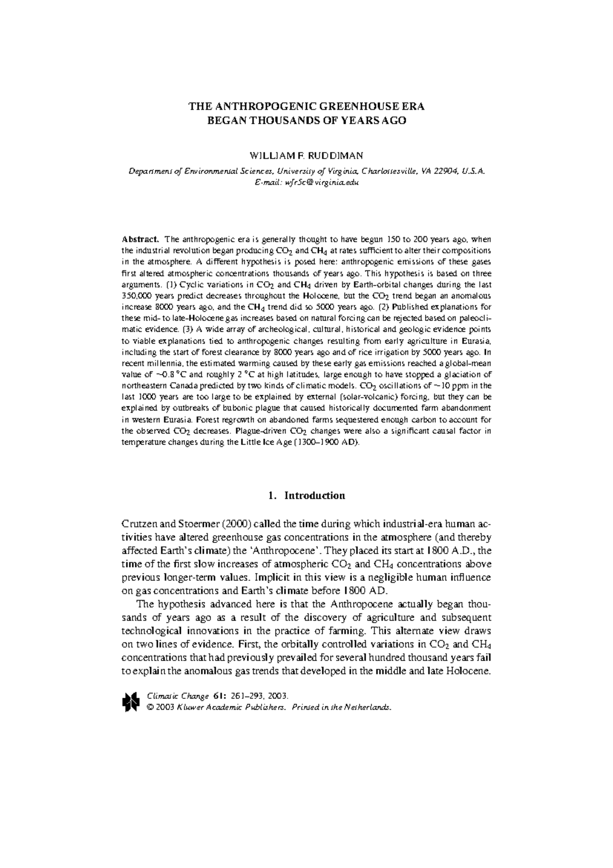 Ruddiman 2003 paper - THE ANTHROPOGENIC GREENHOUSE ERA BEGAN THOUSANDS ...