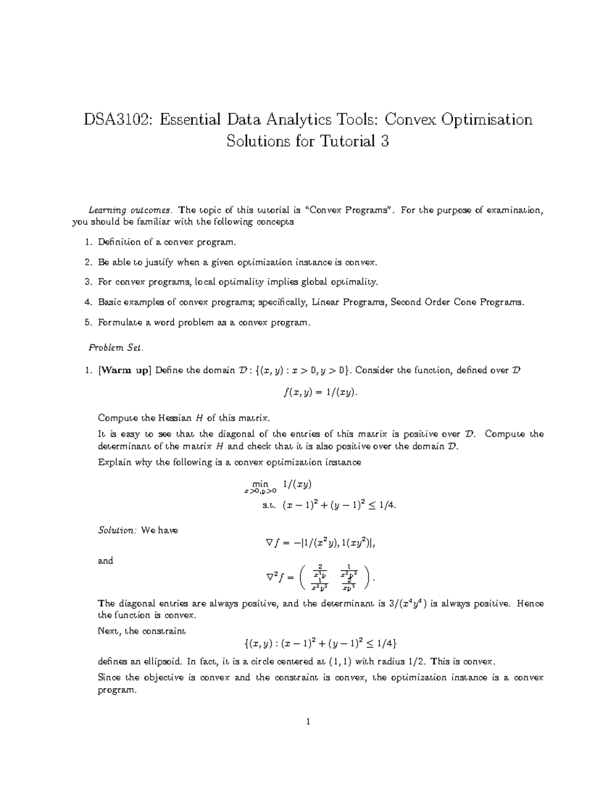 DSA3102: Tutorial 3 Solutions on Convex Optimisation Concepts - Studocu