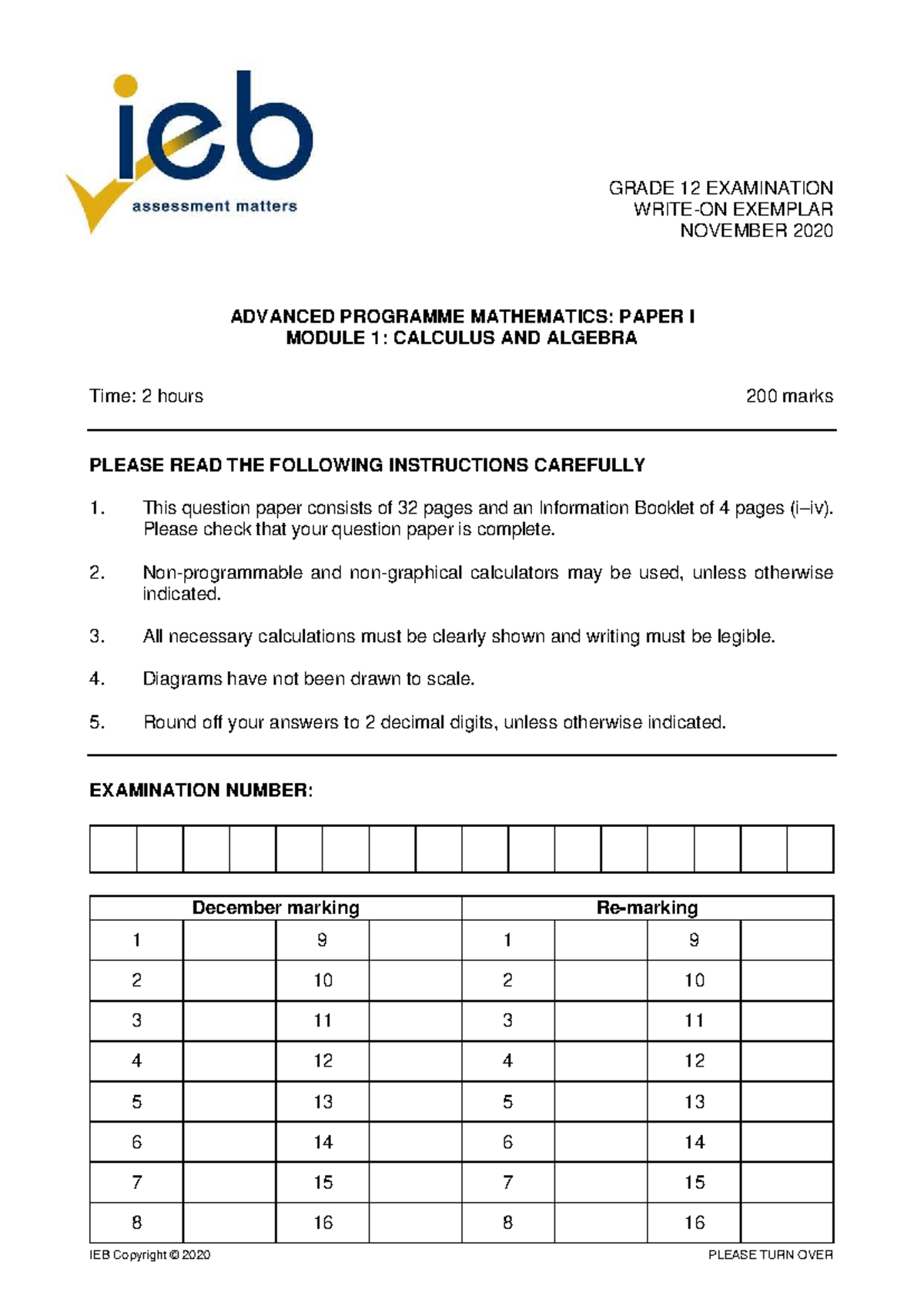 GRADE 12 ADVANCED PROGRAMME MATHEMATICS: PAPER I EXEMPLAR 2020 - Studocu
