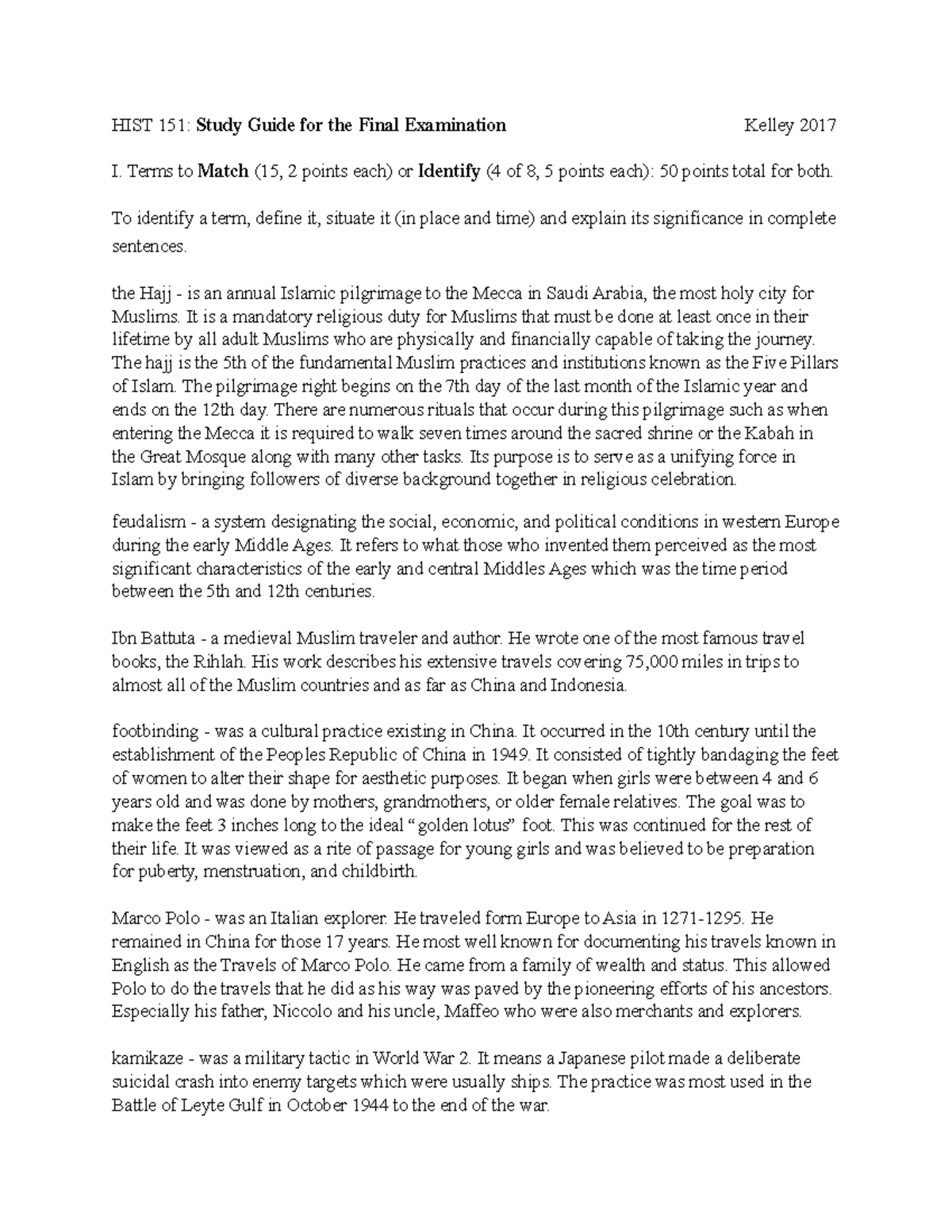 Final Exam Study Guide - Information that is on the exam. - HIST 151 ...