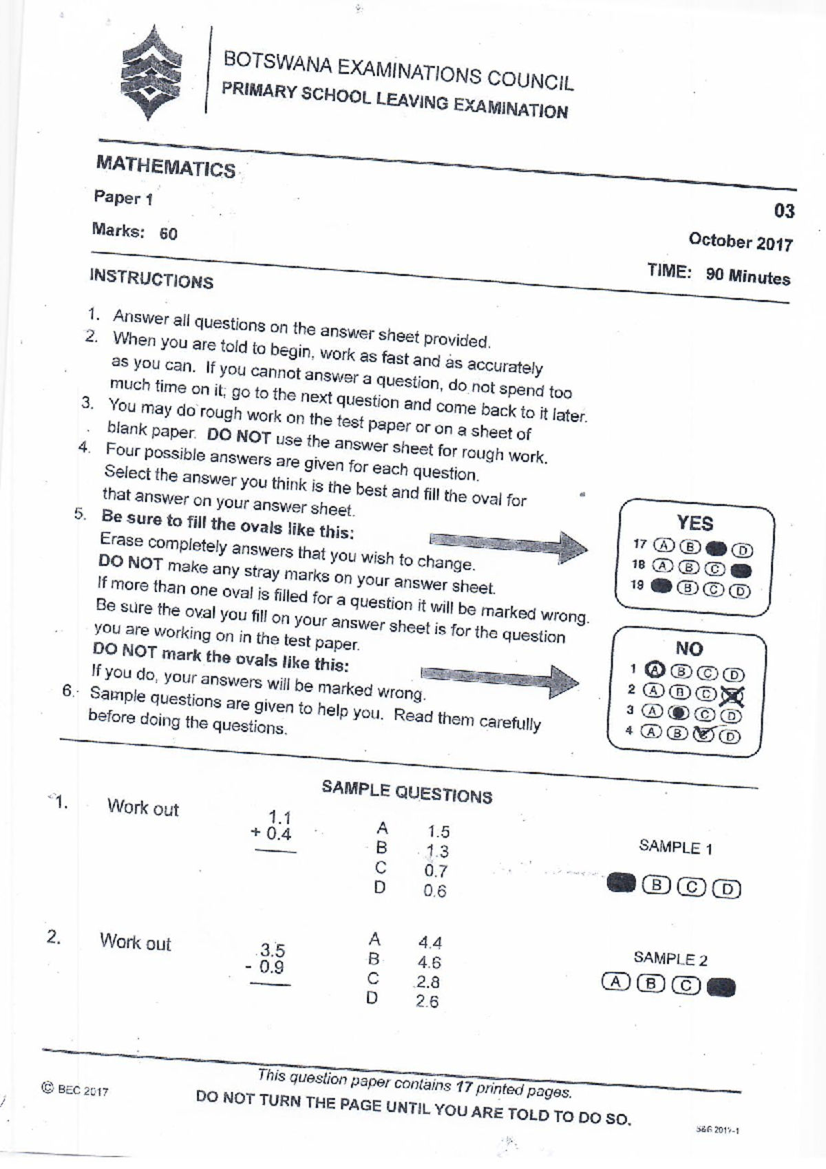 PSLE Maths 2017 - Past Exam Paper 1 (BEC 2017) - Studocu