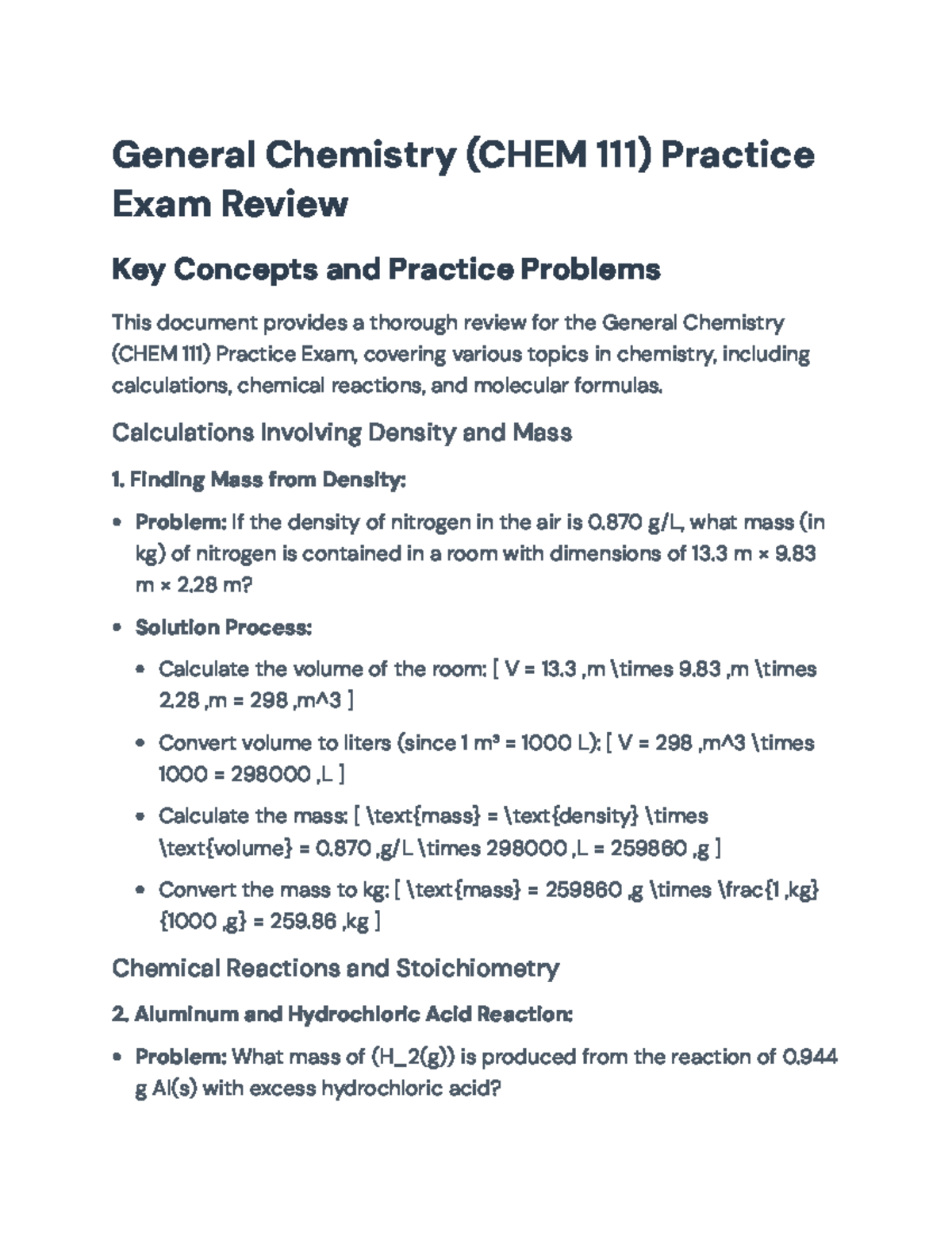 General Chemistry (CHEM 111) Practice Exam Review: Key Concepts ...