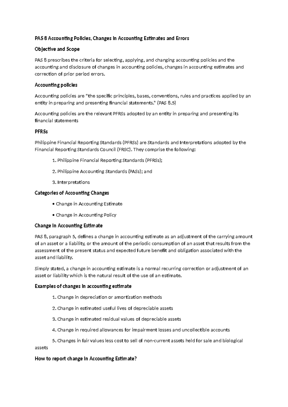 Pas 8 accounting policies: changes, estimates, and error corrections ...