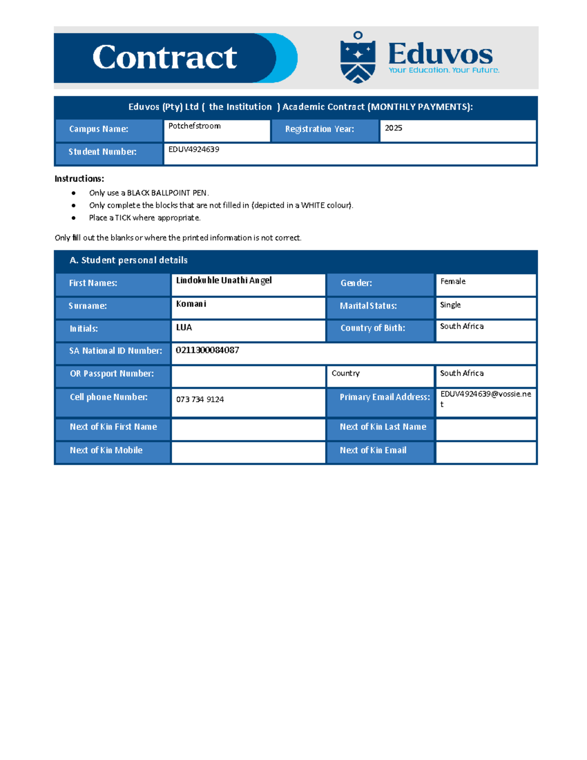 Eduvos Academic Contract 2025: Monthly Payment Details for EDUV4924639 ...
