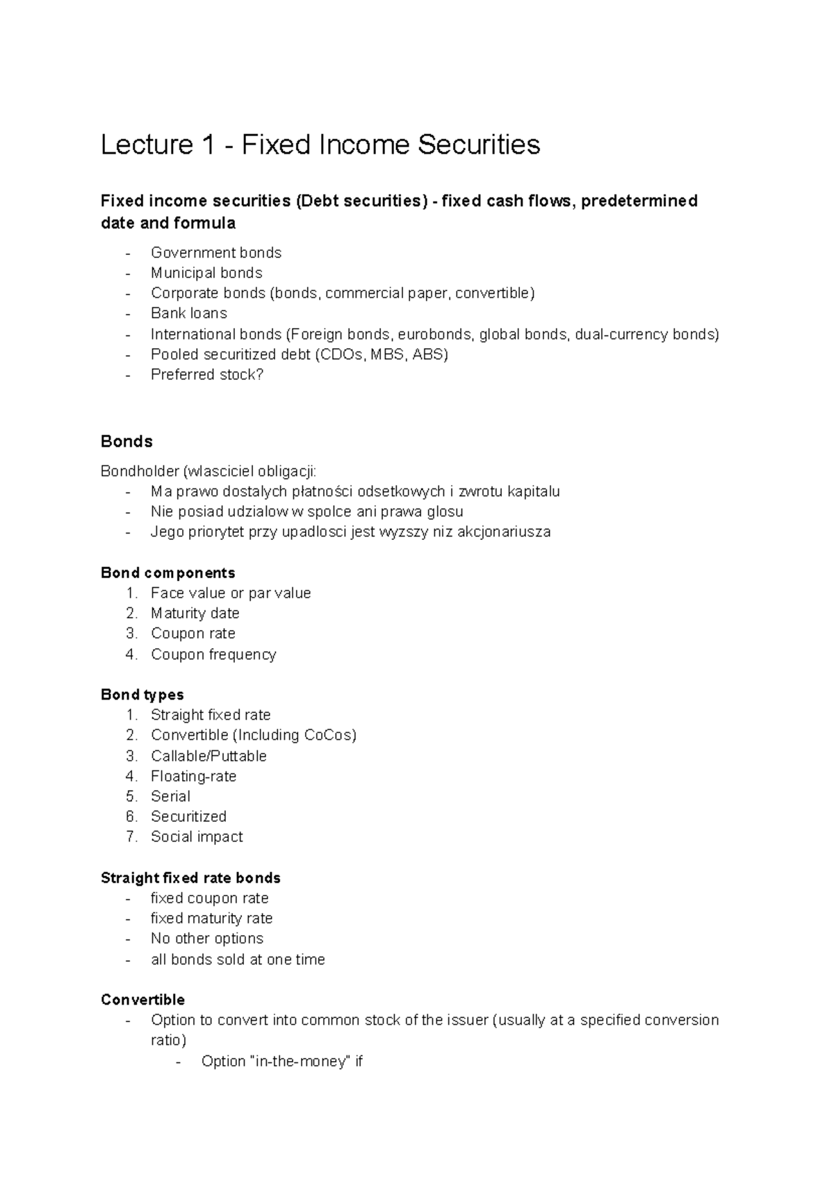 IPT 1 - Lecture Notes on Fixed Income Securities and Bond Types -  Studeersnel