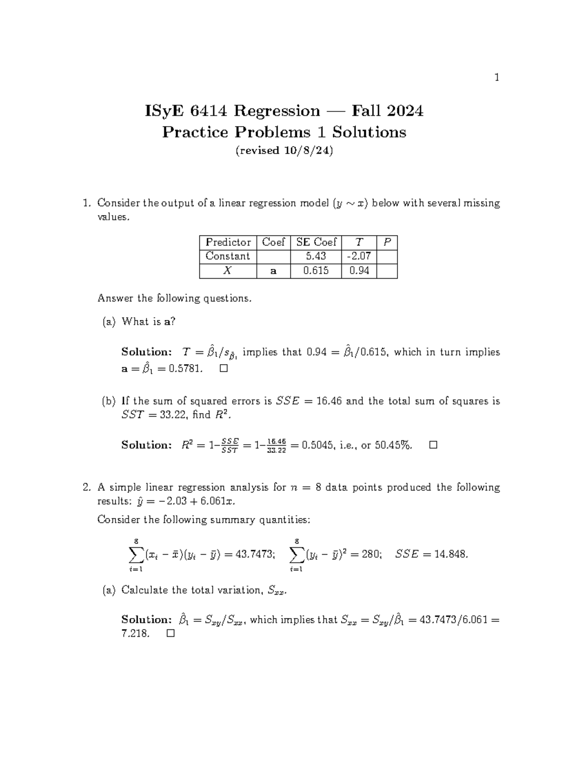 Practice Problems 1 6414 f24 Solutions - ISyE 6414 Regression — Fall ...