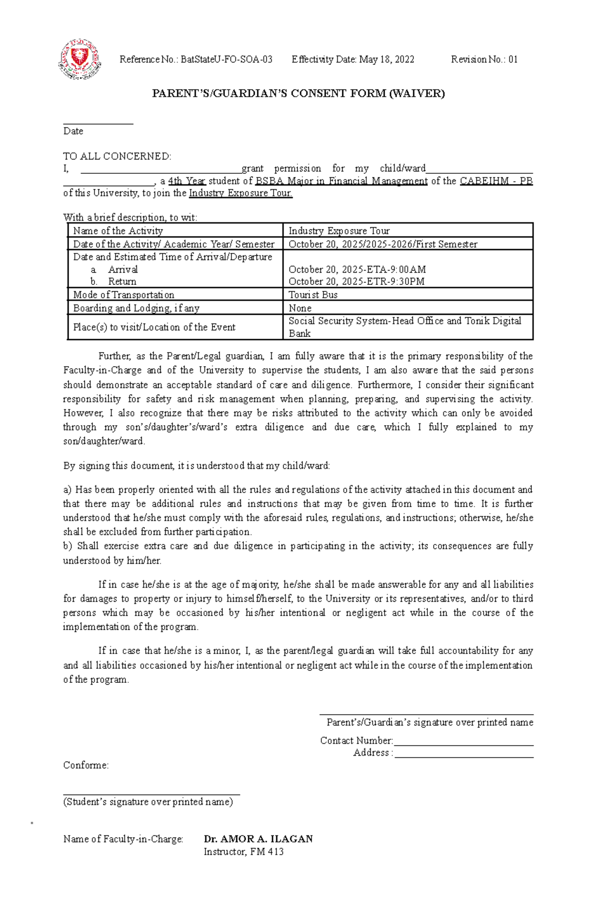 BSBA-FM 413: Parent's Consent Form for Industry Exposure Tour - Studocu