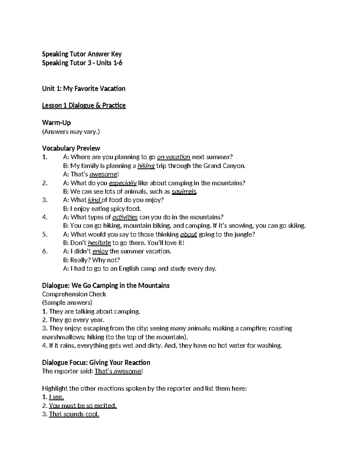 Speaking Tutor 3A Answer Key: Unit 1-5 Dialogue Practice and ...