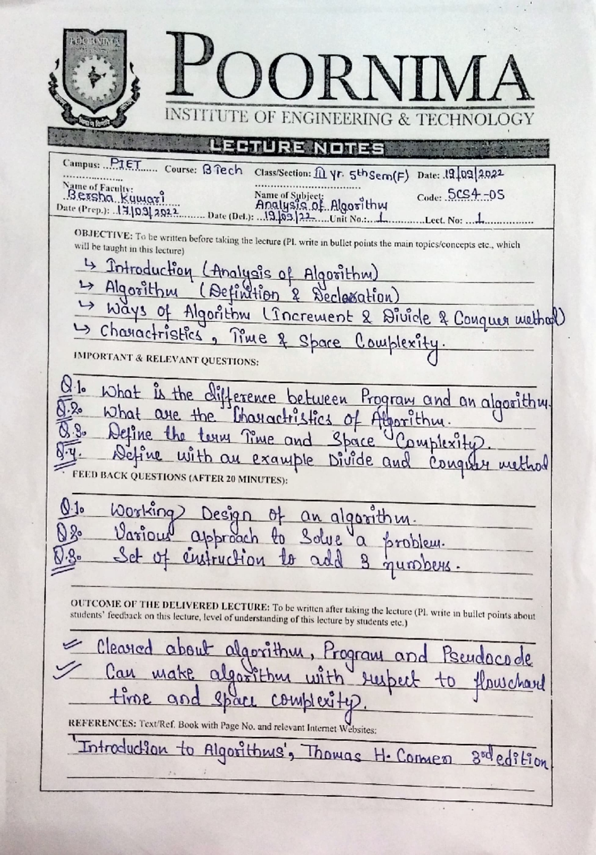 Unit 1 Lecture Notes: Analysis of Algorithms (AOA, BTech 5th Sem) - Studocu