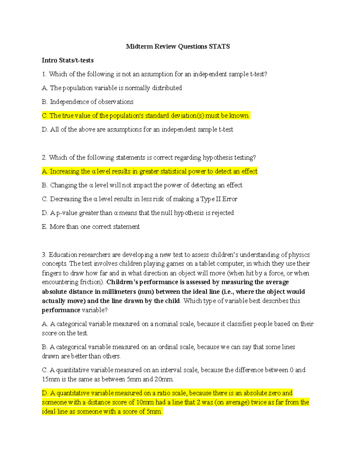 Midterm Review Questions for STATS 101: Key Concepts and Practice - Studocu