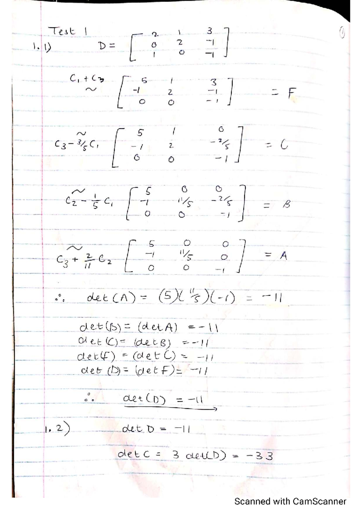 Test 1: Determinants and Matrix Operations (Course Code: 219096158 ...