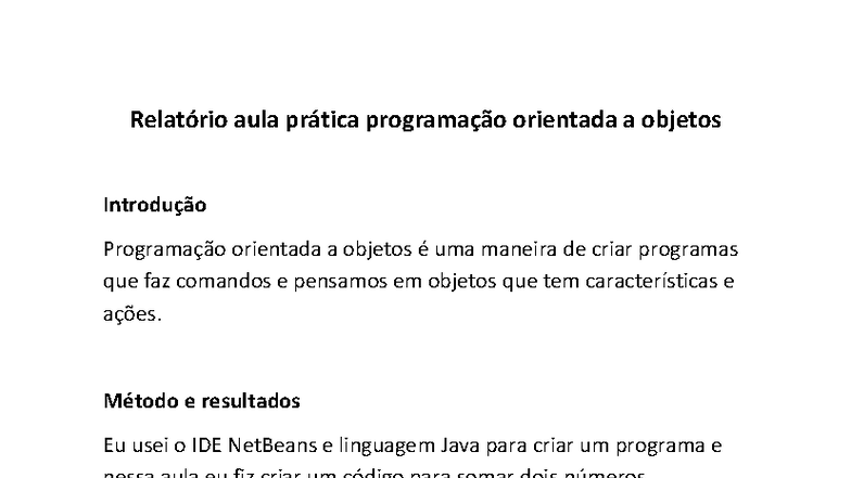 Relatório Aula Prática: Programação Orientada a Objetos - Java - Studocu
