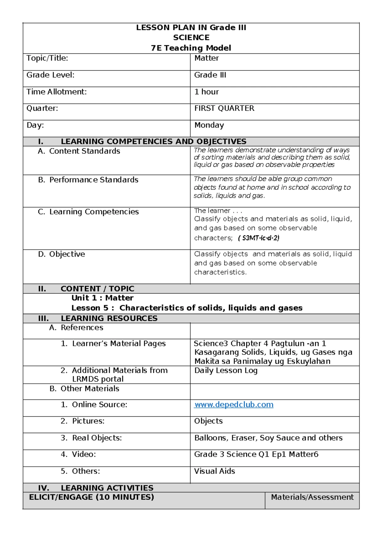 Lesson Plan for Grade 7E Science: Living vs Non-Living Things - Studocu