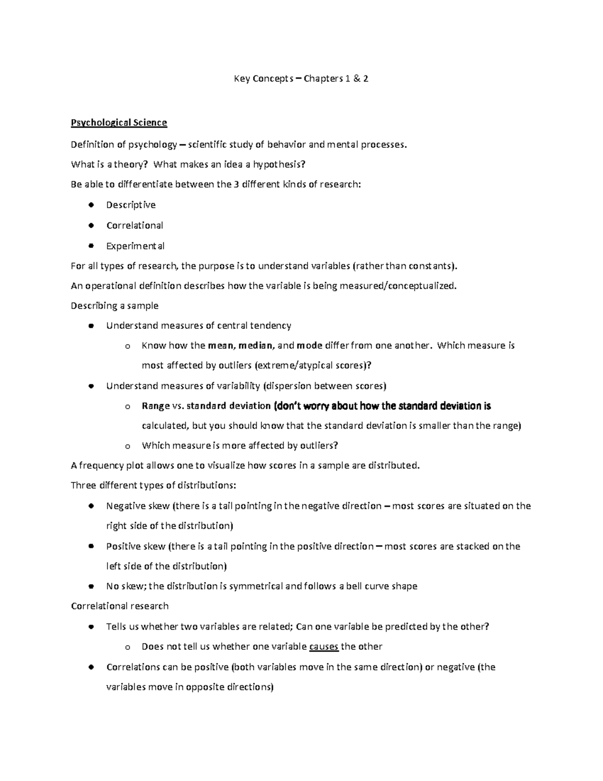 Psychology 101: Exam 1 Study Guide on Key Concepts from Chapters 1 & 2 ...