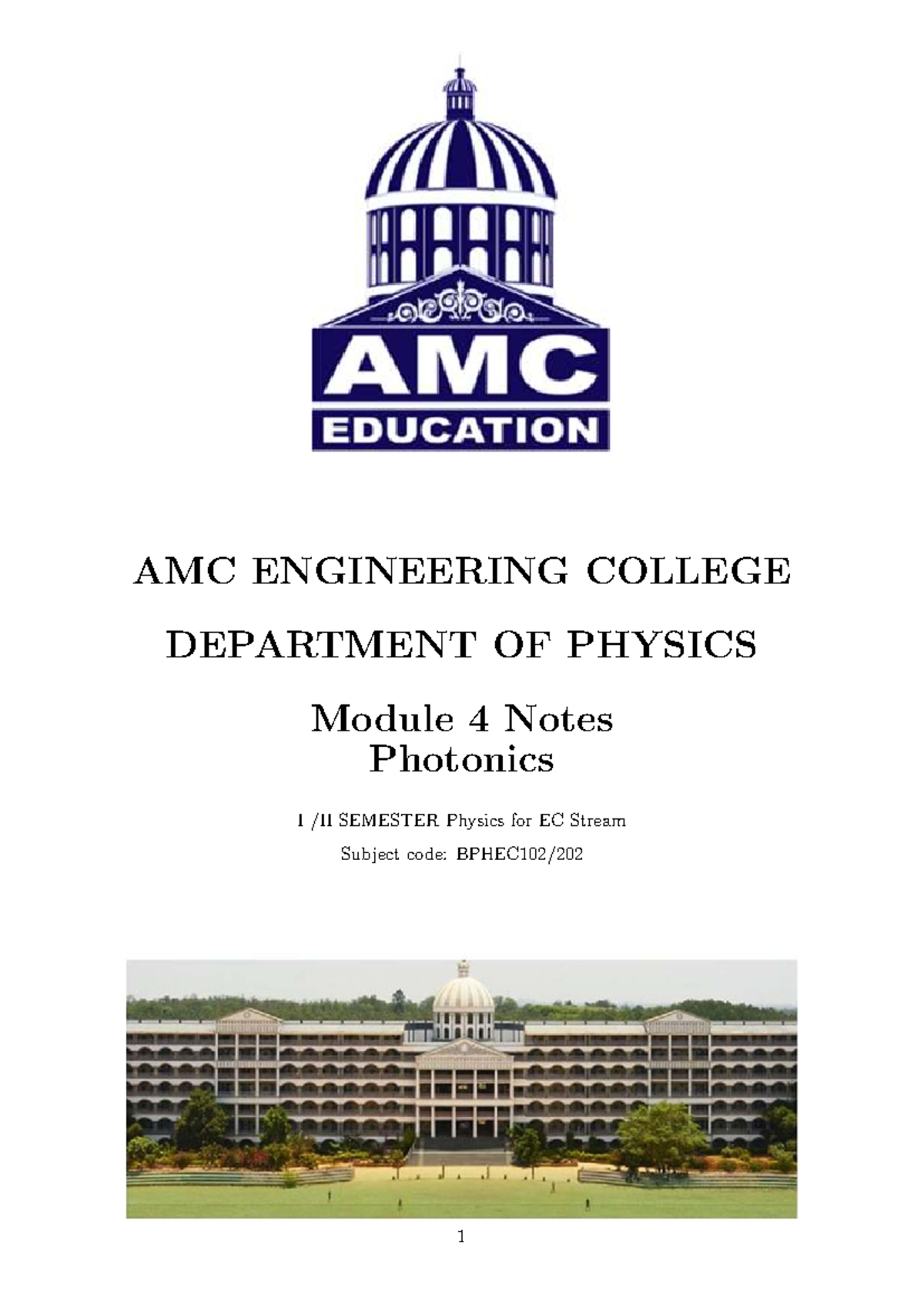 AMC Engineering College Physics for EC Stream Module 4 Notes: Photonics ...