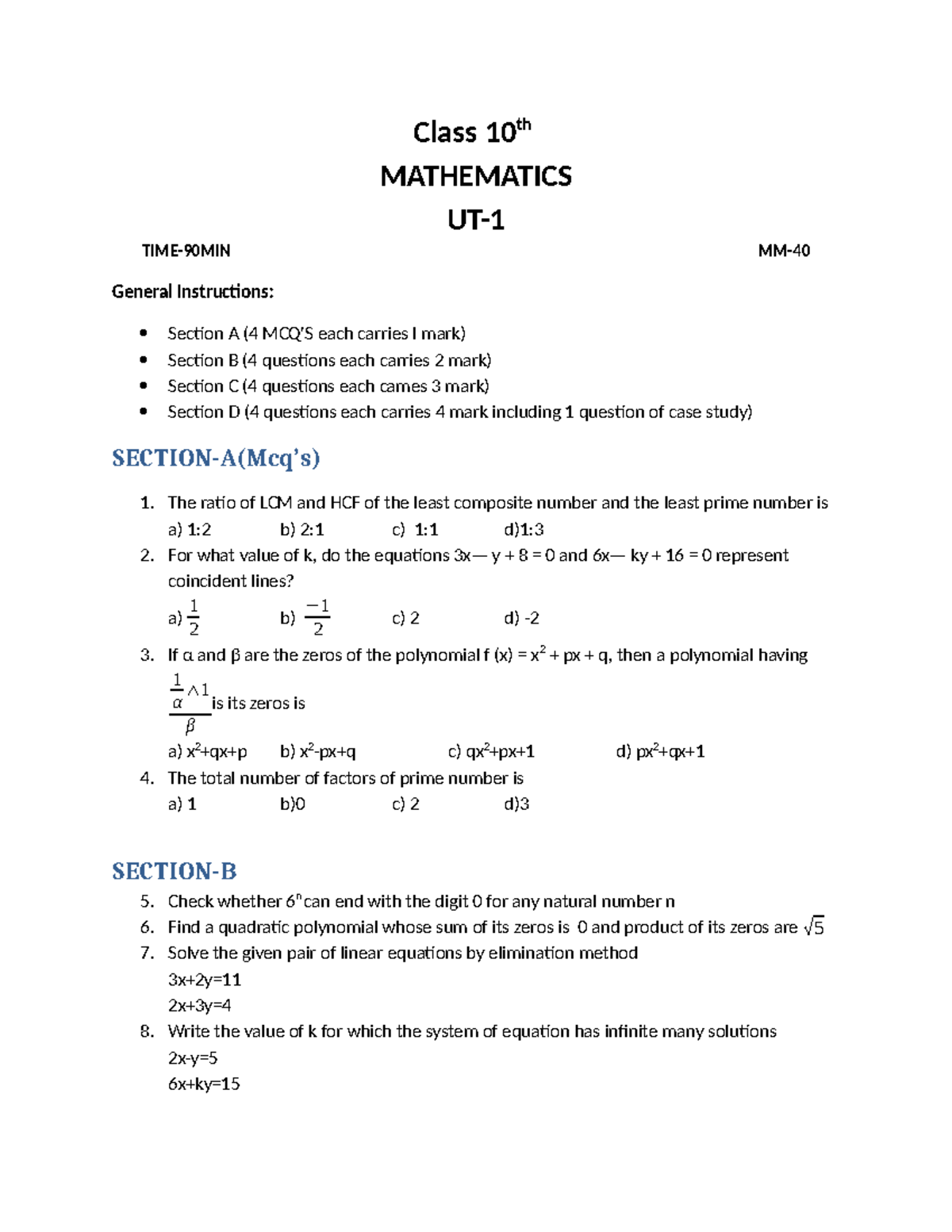 Class 10 MATHEMATICS Exam Instructions and Sample Questions - Studocu