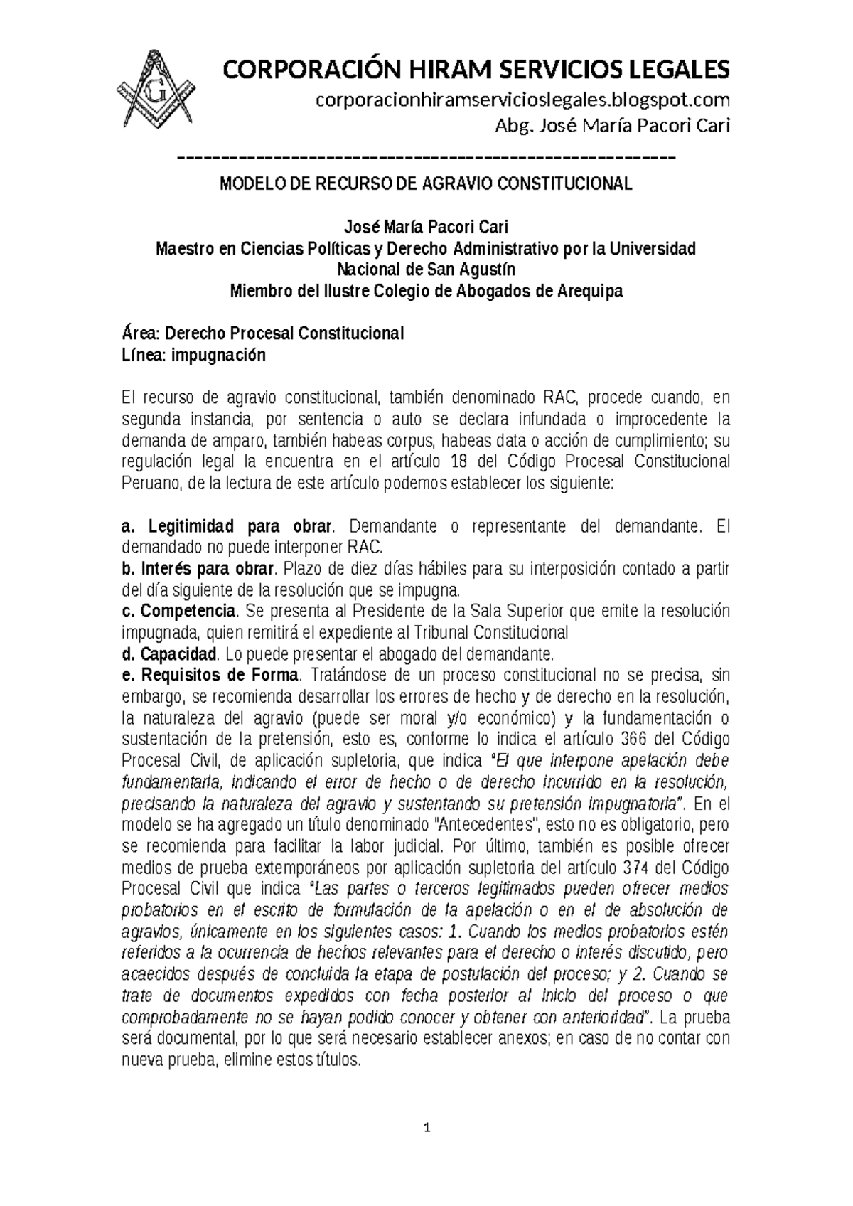 Modelo de Recurso de Agravio Constitucional - LP - Studocu
