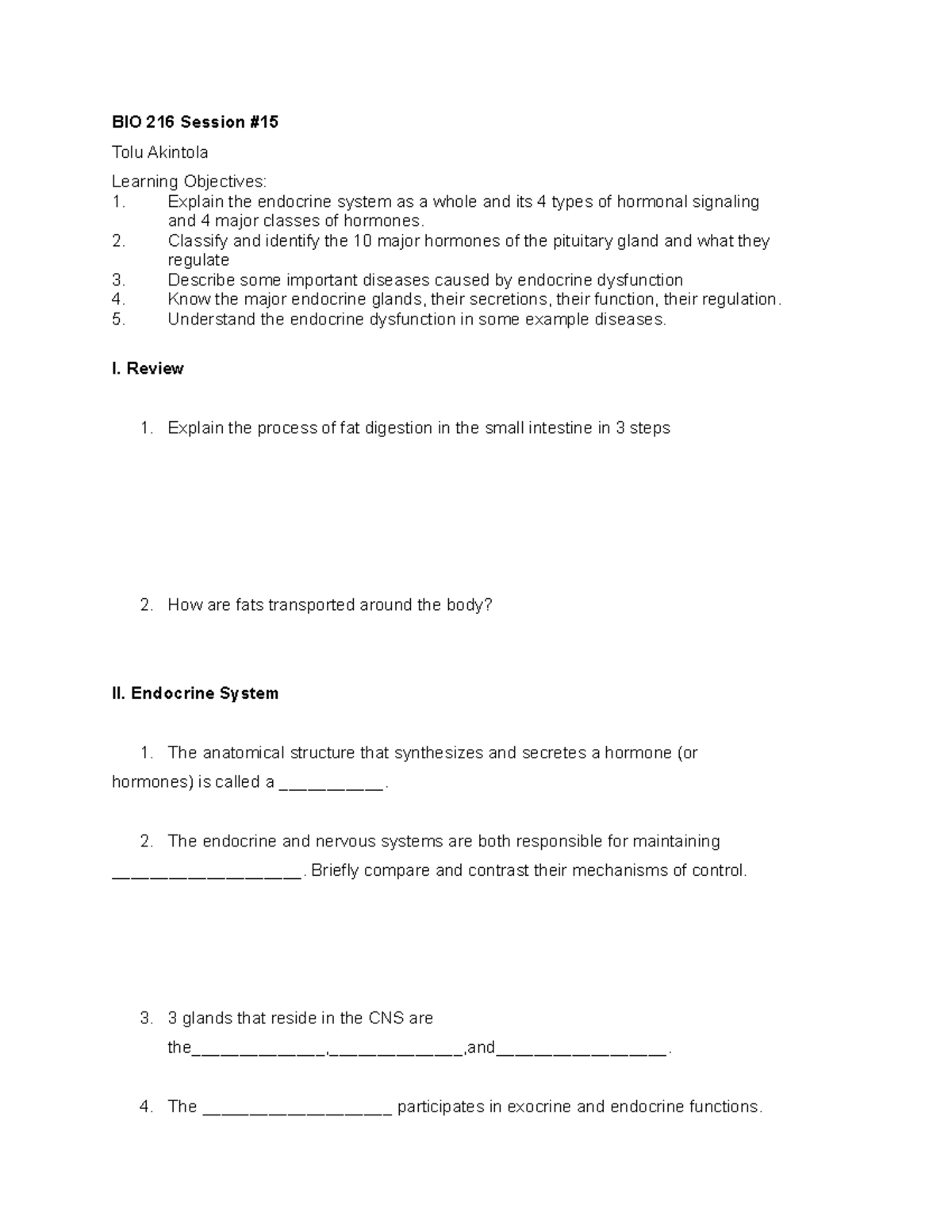 BIO 216 Final Exam Study Guide: Endocrine System & Hormones - Studocu