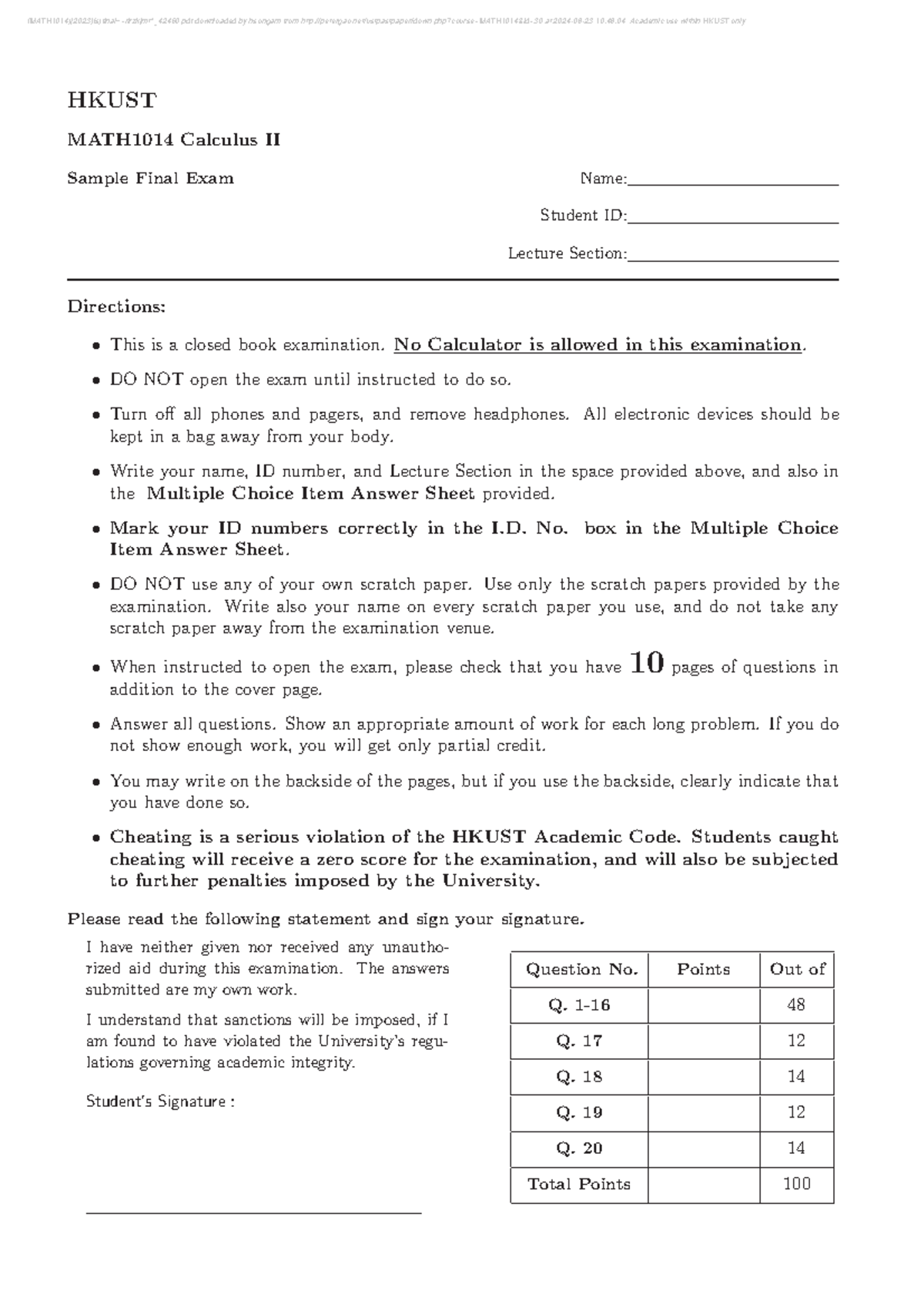 MATH 1014 Final Exam Questions and Guidelines (Spring 2023) - Studocu