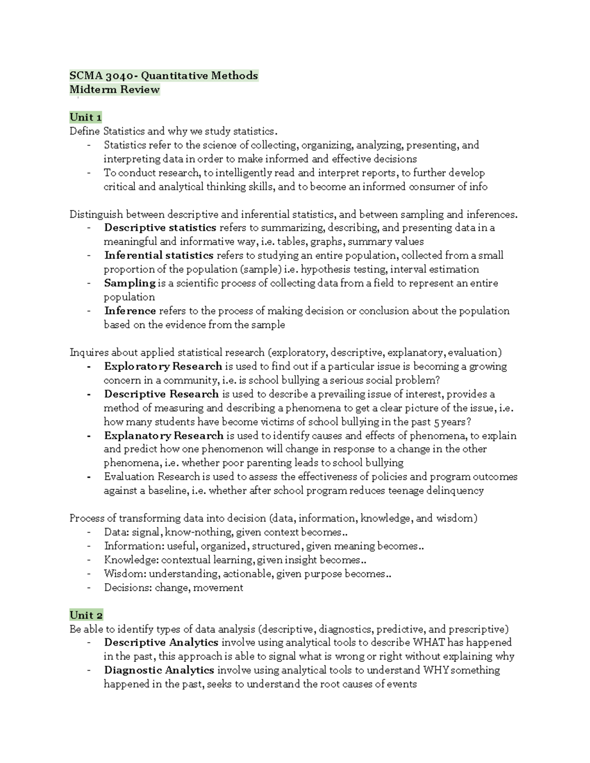SCMA 3040 - Midterm Review: Key Concepts in Quantitative Methods - Studocu