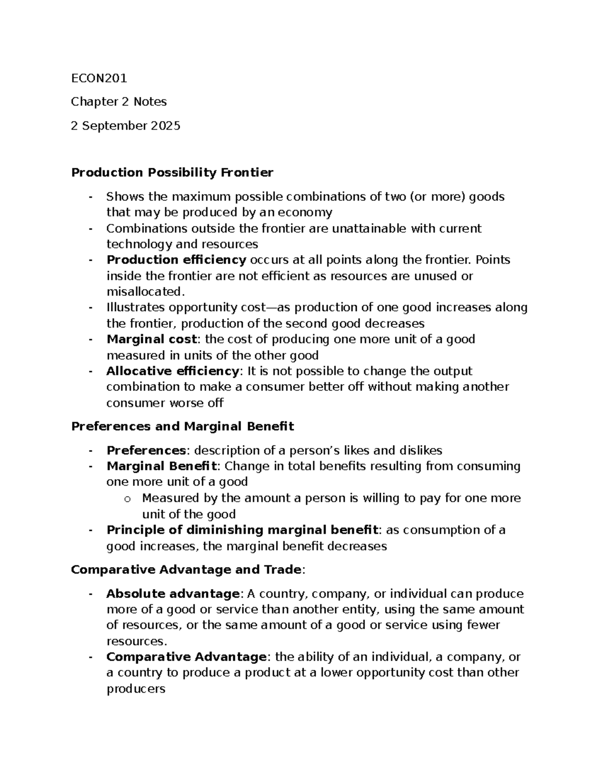 ECON201 Chapter 2 Notes: Production Possibilities & Economic Growth ...