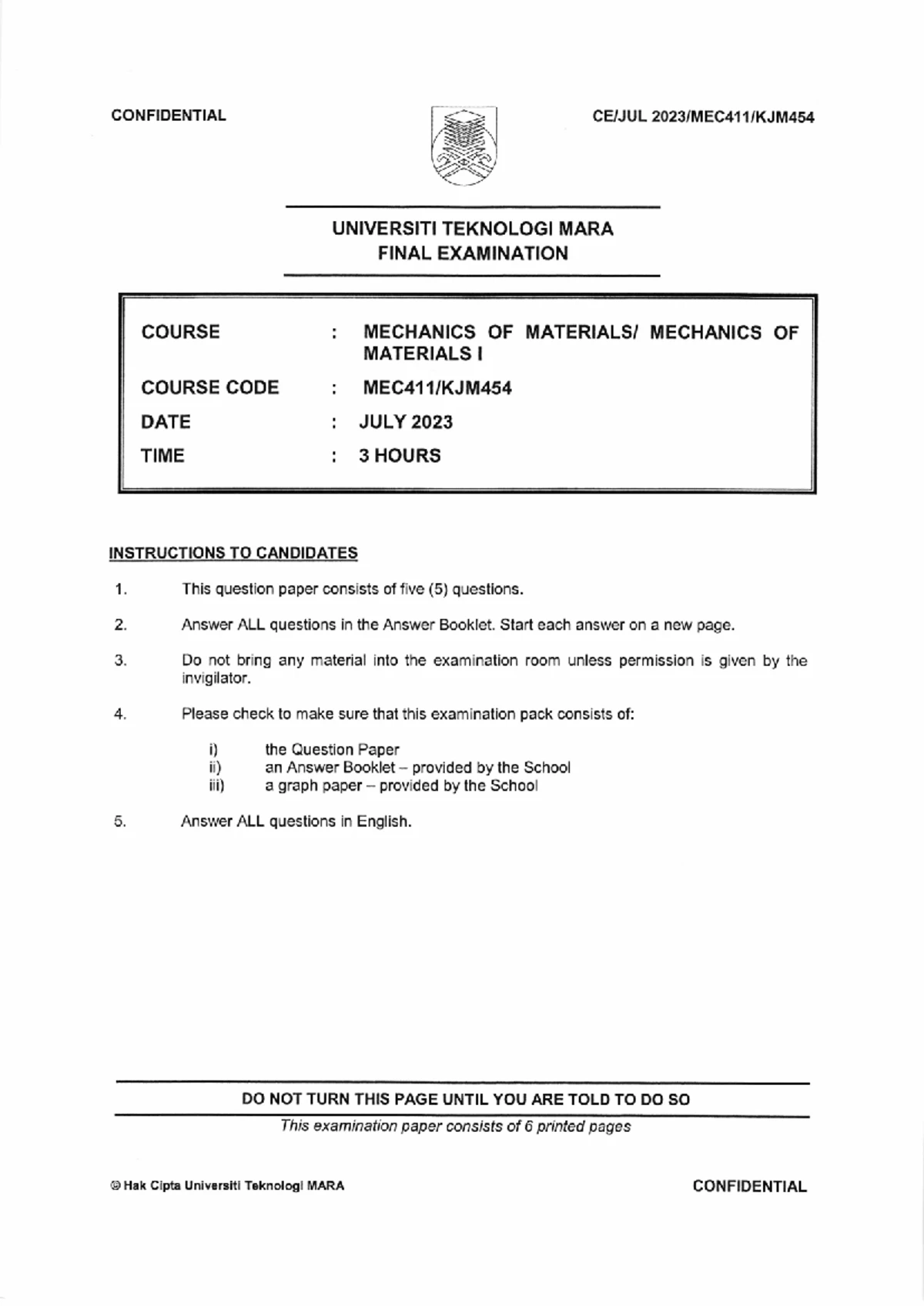 MEC411 Final Exam: Mechanics of Materials July 2024 Question Paper ...