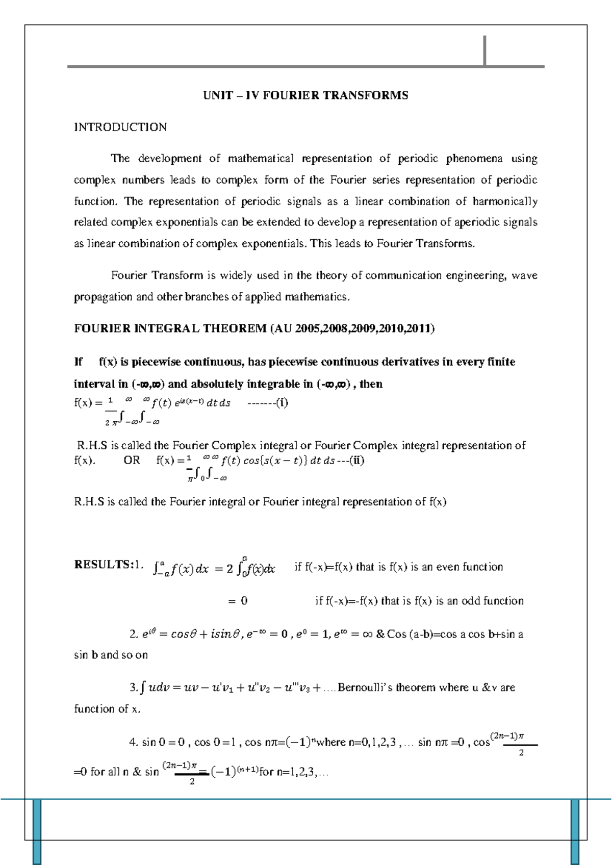 Unit IV - Fourier Transforms: Concepts and Applications (AU 2001-2011 ...