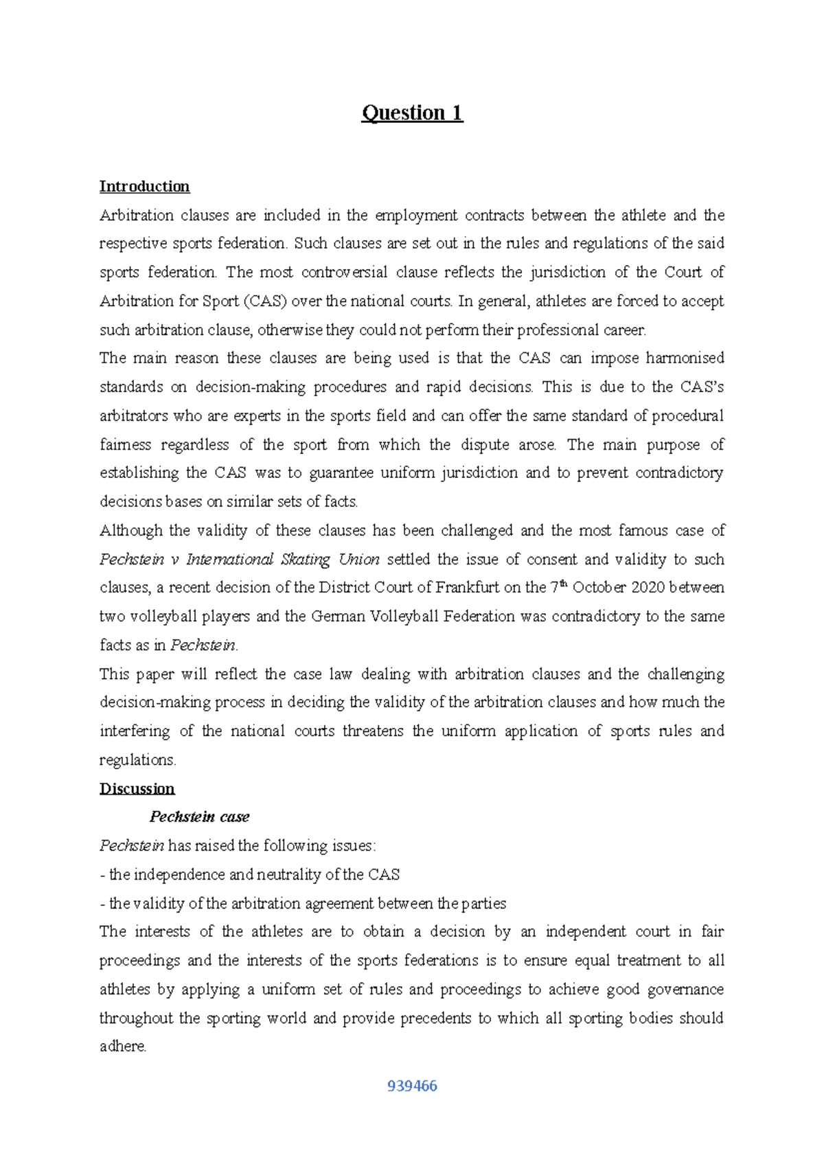 Sports Law exam Jan 2021 - Question 1 Introduction Arbitration clauses ...