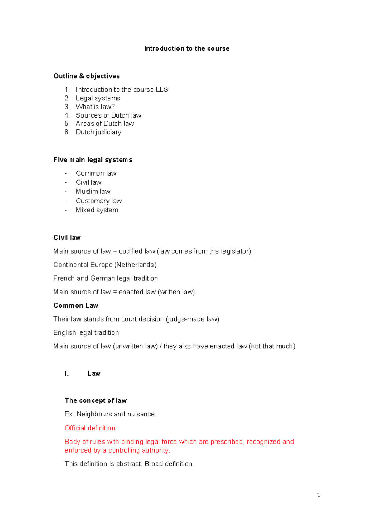 Lecture Notes: LLS 101 - Introduction to Dutch Law & Legal Systems ...