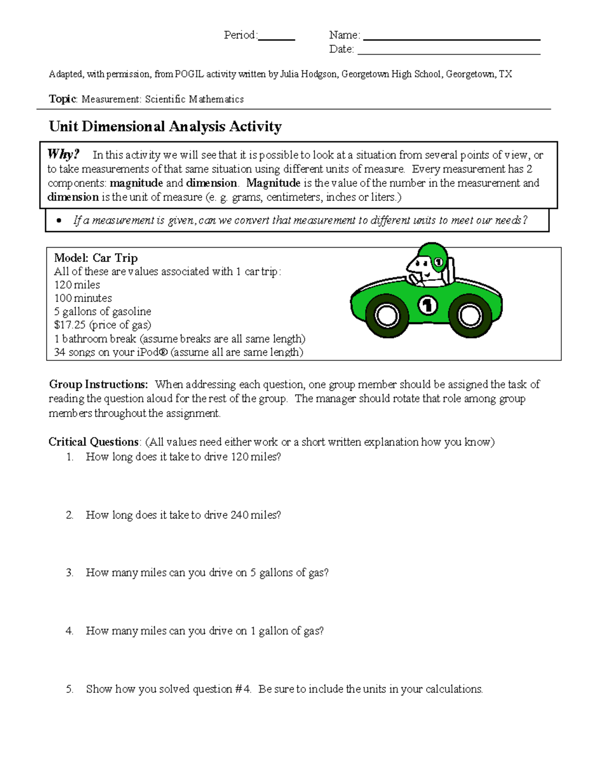 HS Chemistry POGIL: Unit Dimensional Analysis Activity Guide - Studocu