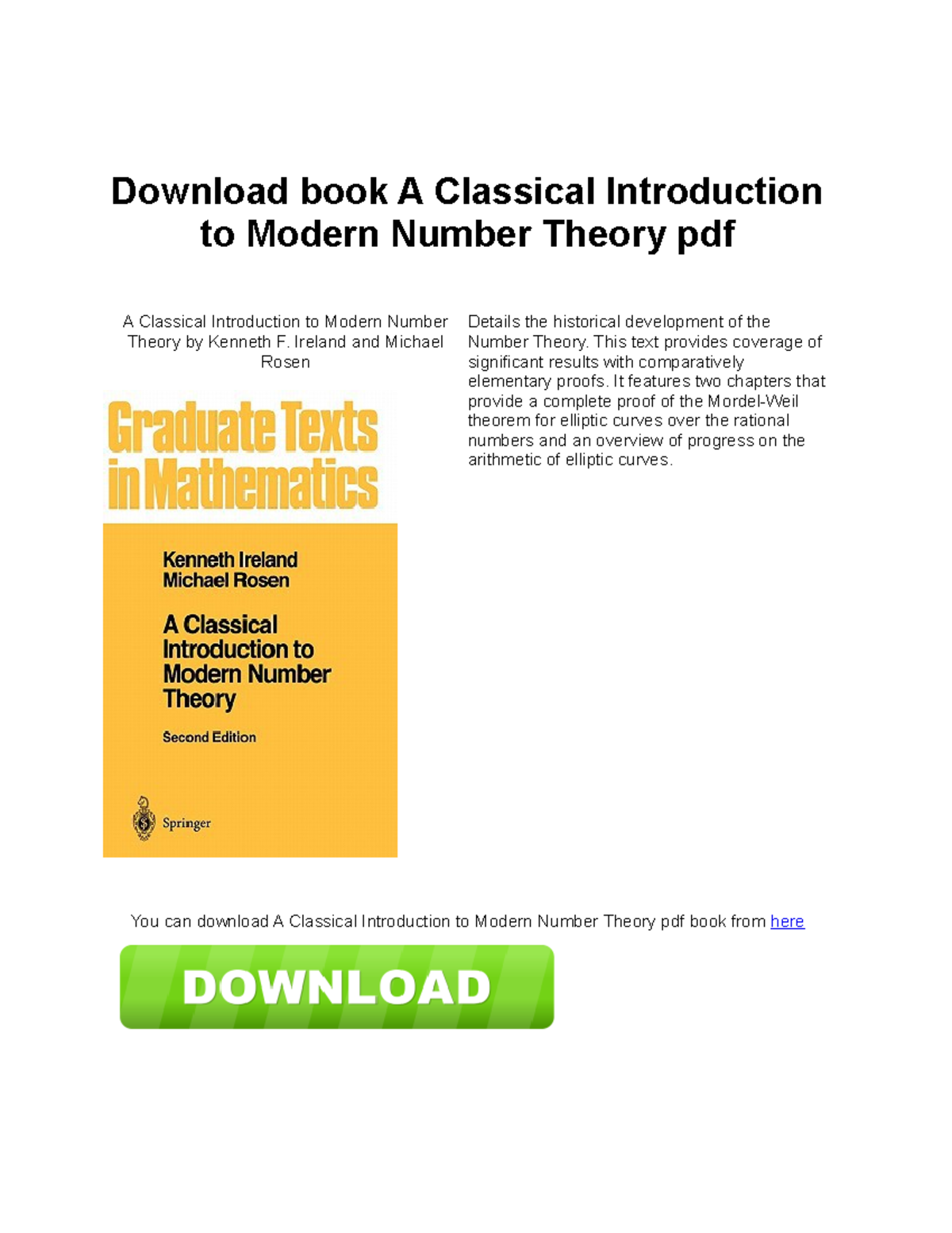 A Classical Introduction to Modern Number Theory - Ireland and Michael ...