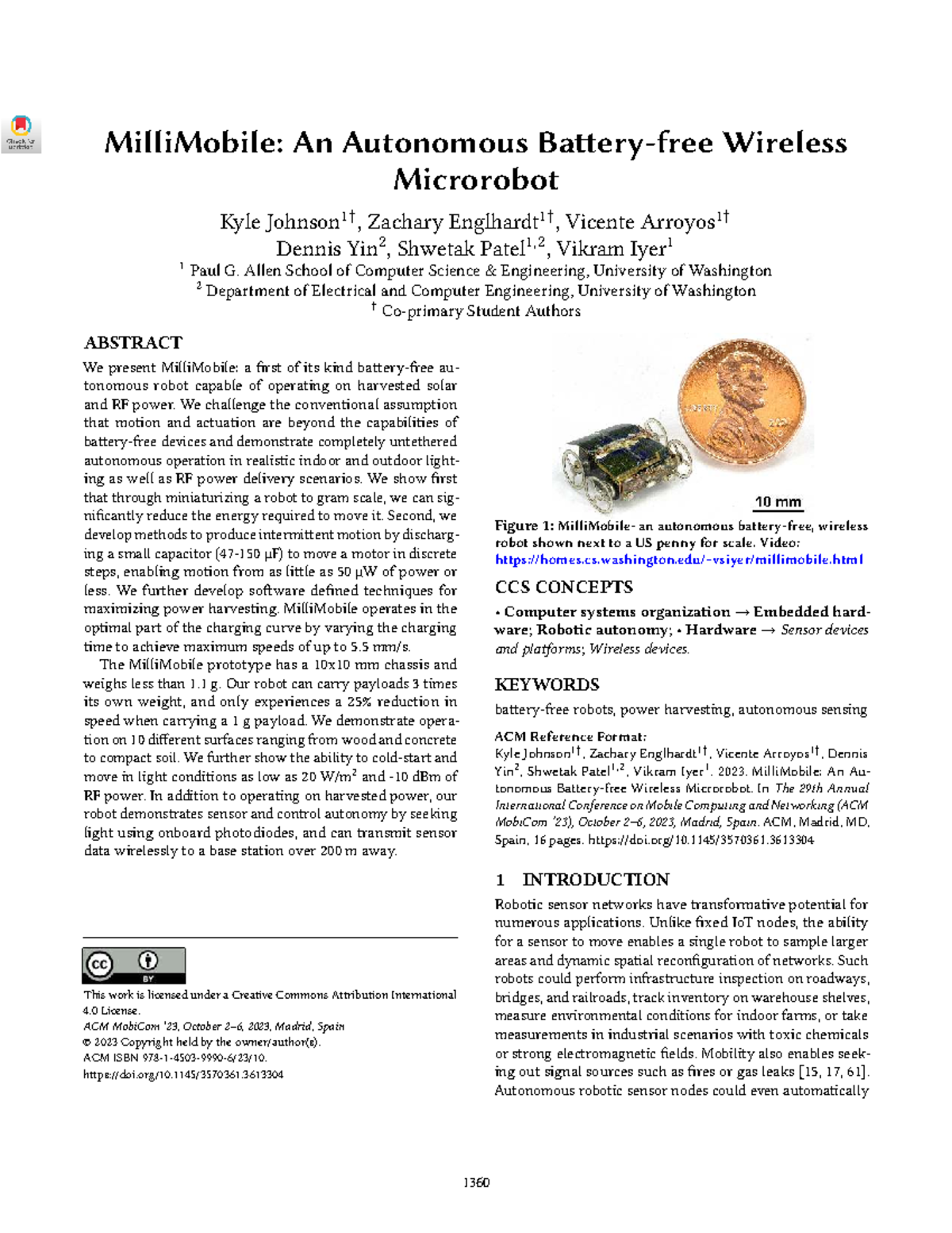 MilliMobile: A Novel Autonomous Wireless Microrobot (ACM MobiCom 2023 ...