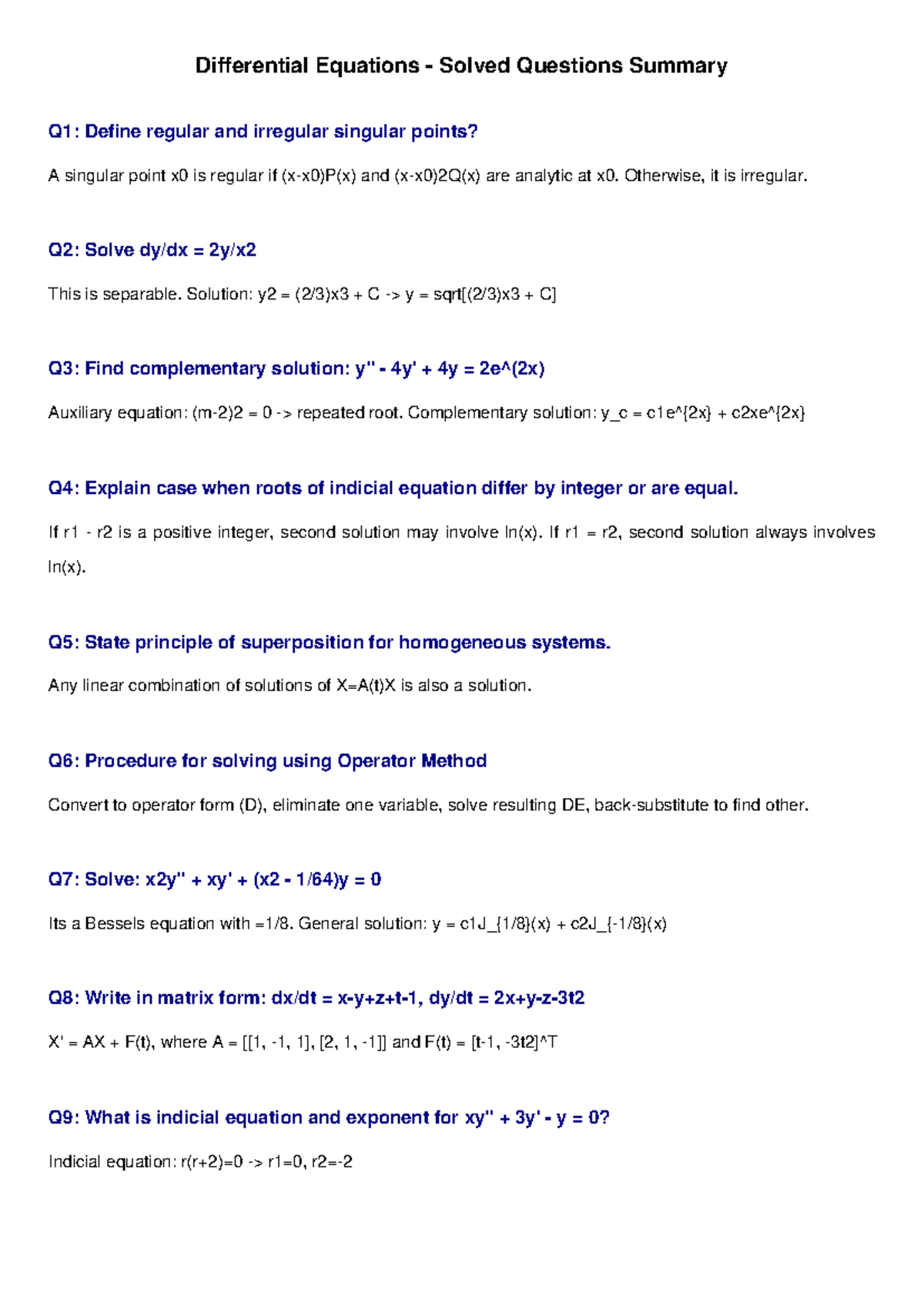 Differential Equations Summary: Key Concepts & Solutions - Studocu