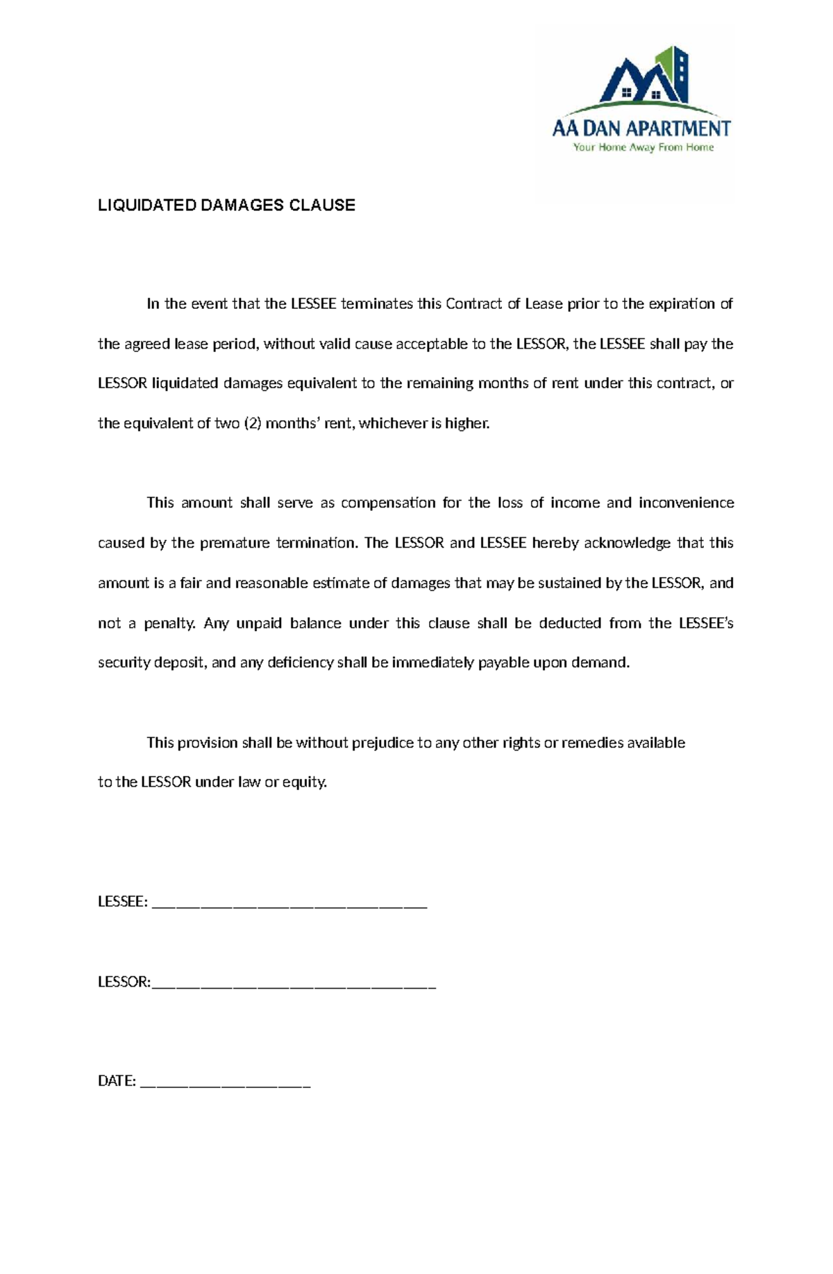 Liquidated Damages Clause in Lease Agreement - Studocu