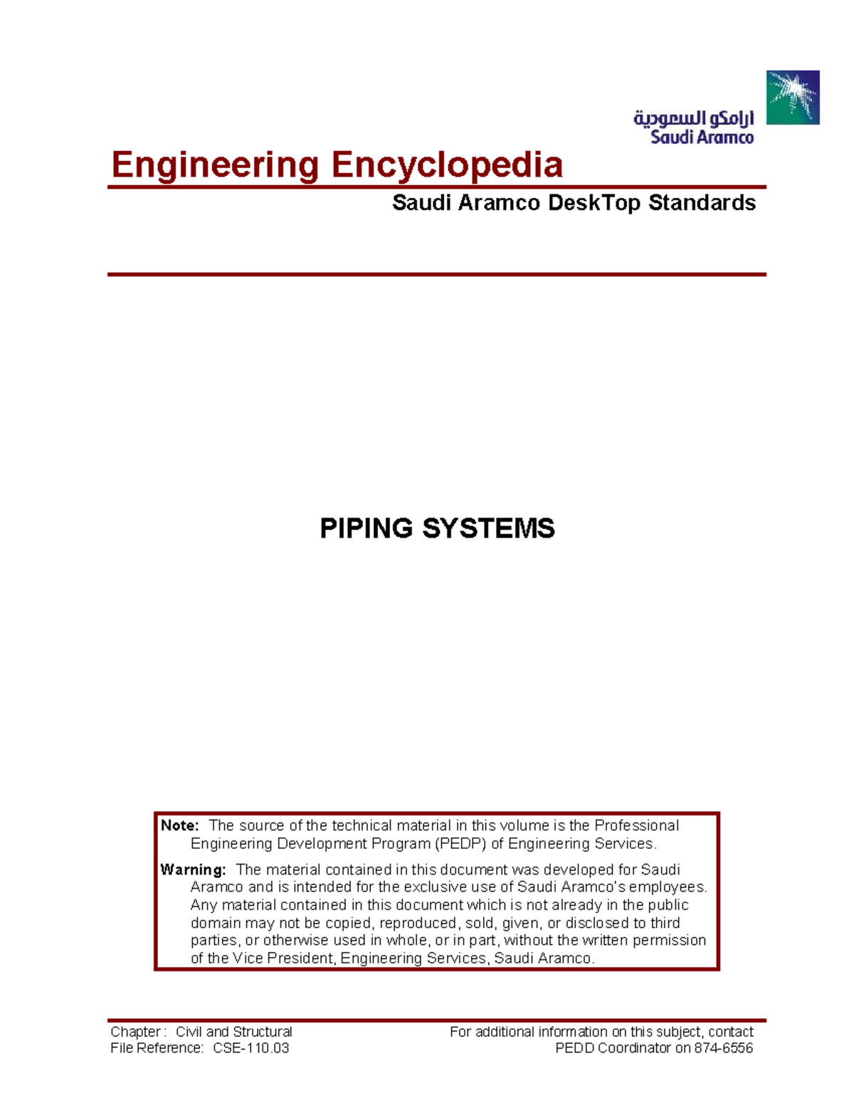 Saudi Aramco Engineering Encyclopedia: Piping Systems Standards - Studocu