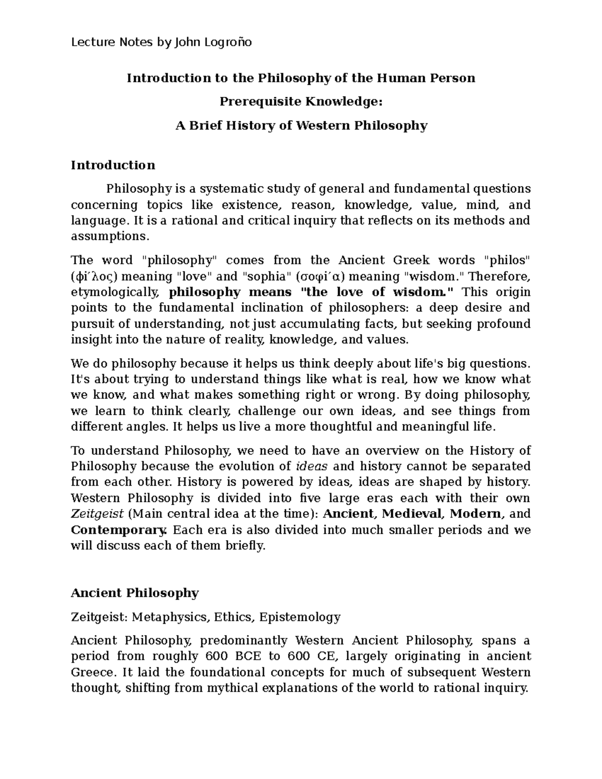 Lecture Notes: History of Philosophy (PHIL 101) by John Logroño - Studocu