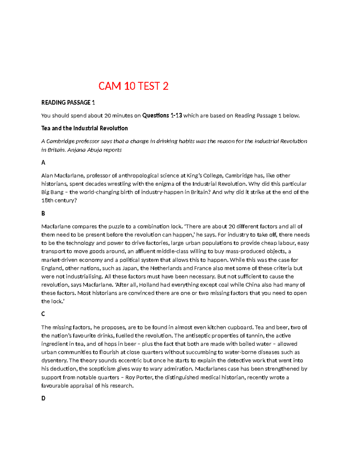 CAM 10 TEST 2 - Reading Passage 1: Tea's Role in the Industrial ...