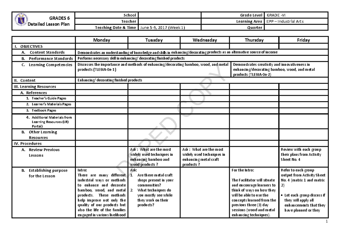 DLP-TLE-IA Week 1 - Daily Lesson Log for Industrial Arts Grade VI - Studocu