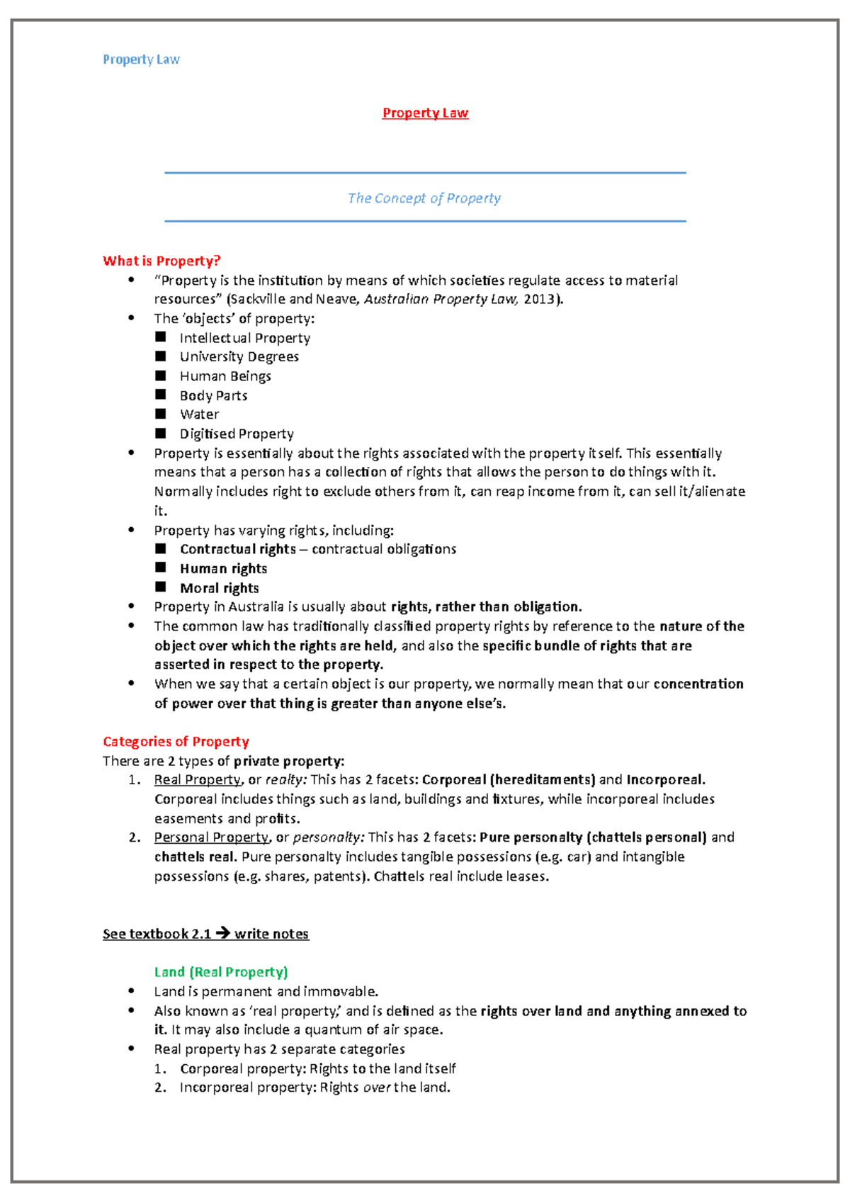 Property Law Notes - Lecture notes, lectures 1 - 10 - Property Law The ...