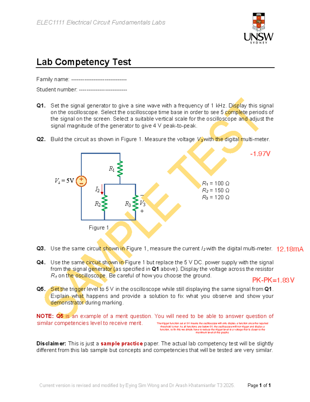 ELEC1111 Lab Competency Test Sample - T3 2025 - Studocu