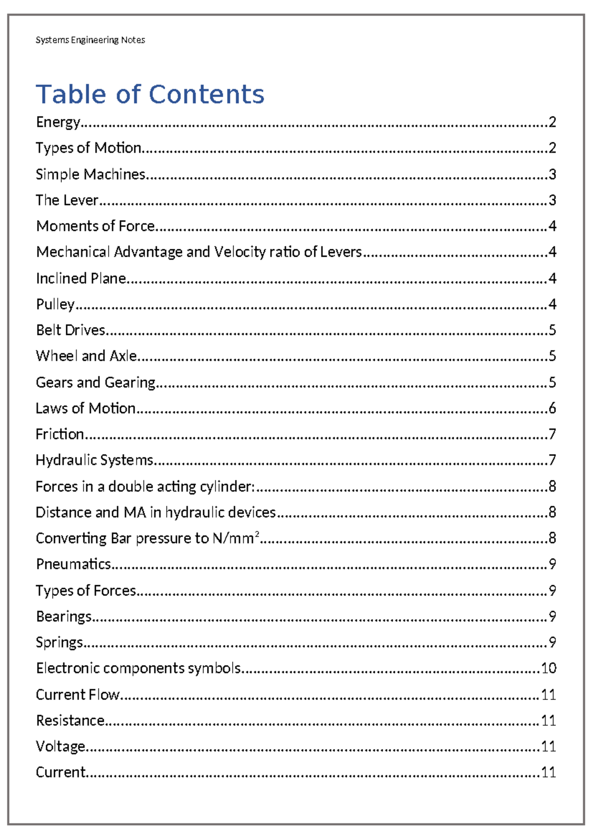 MECH 101: System Engineering Notes - Levers, Forces, and Fluid ...