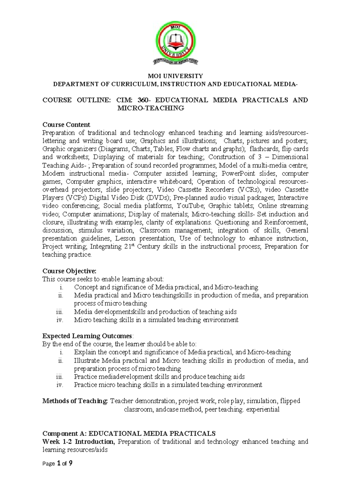 CIM-360 Course Outline: Educational Media Practicals & Micro-Teaching ...